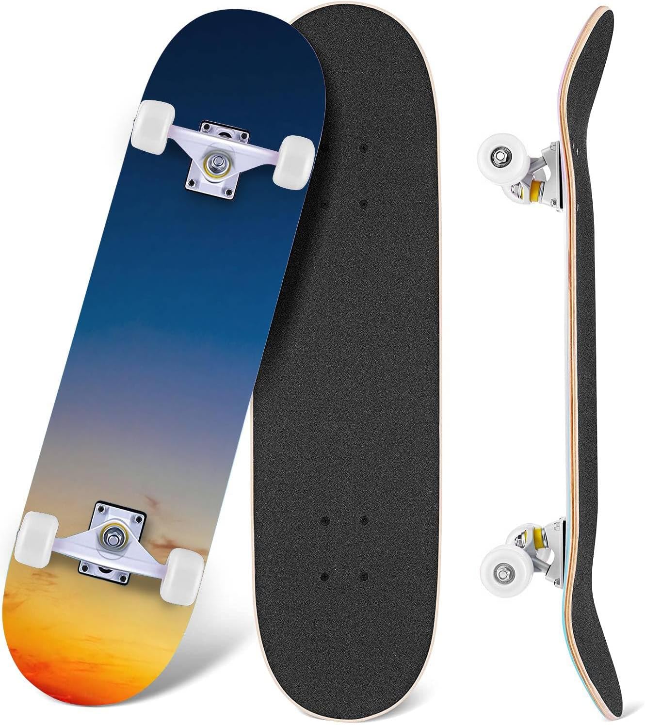 Patinetas cóncavas de doble patada de arce naranja amarillo azul Sunrise Sky Sunset para principiantes, 31 x 8 pulgadas, tablas cóncavas completas