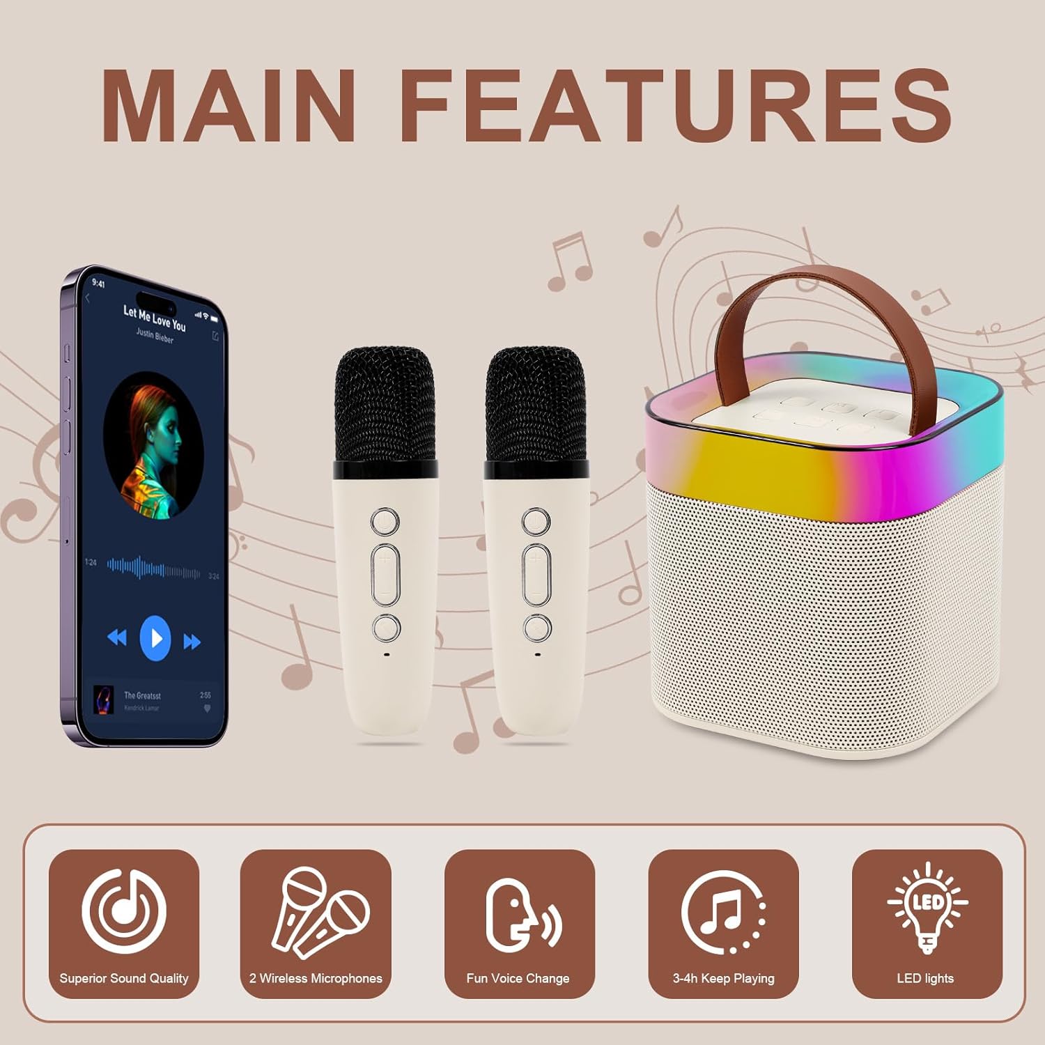 Mini máquina de karaoke para niños y adultos, altavoz portátil de karaoke Bluetooth con 2 micrófonos inalámbricos y luz, máquina de karaoke para