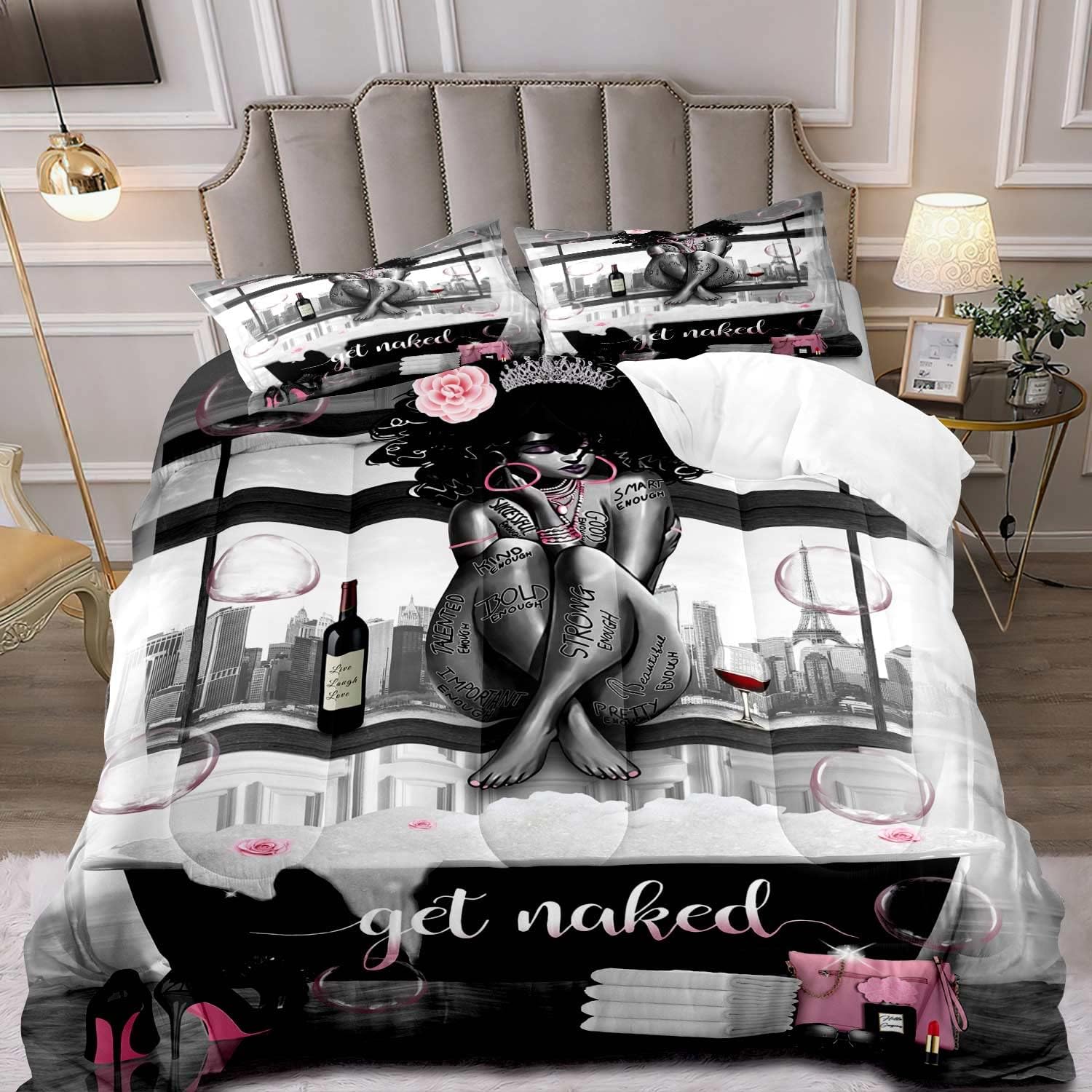 LUVIVIHOME Juego de edredón de 3 piezas para niñas negras afroamericanas, juego de edredón tamaño King, bolsa de tacones altos, citas inspiradoras