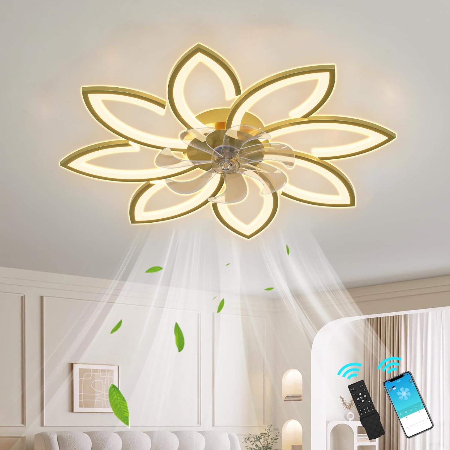 Ventiladores de techo de 35 pulgadas con luces, ventilador de techo sin aspas con luces y control remoto, montaje empotrado con luz LED regulable,