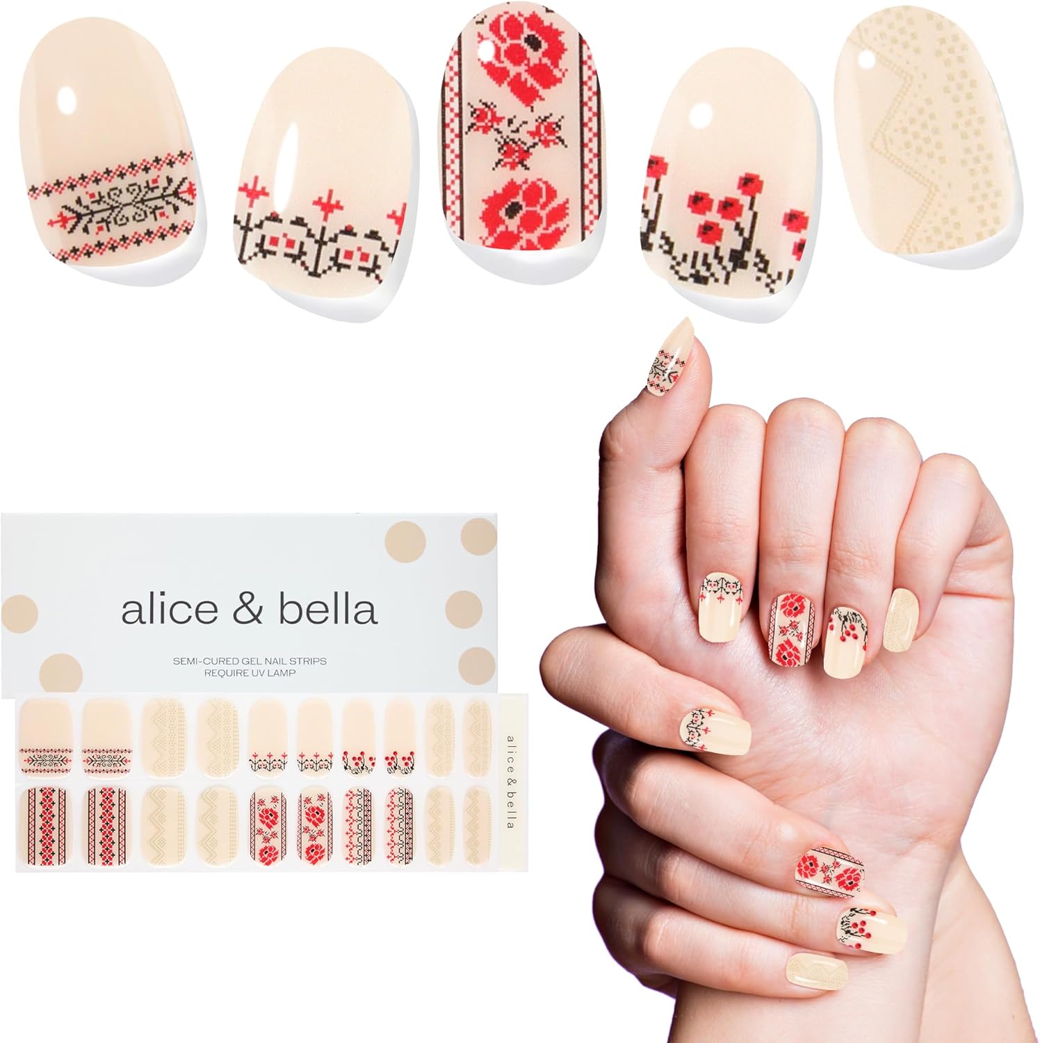 Alice & Bella Kvitka – Tiras de uñas de gel semicuradas – Base blanca lechosa roja y negra cosida a mano, calcomanías de arte popular UV para