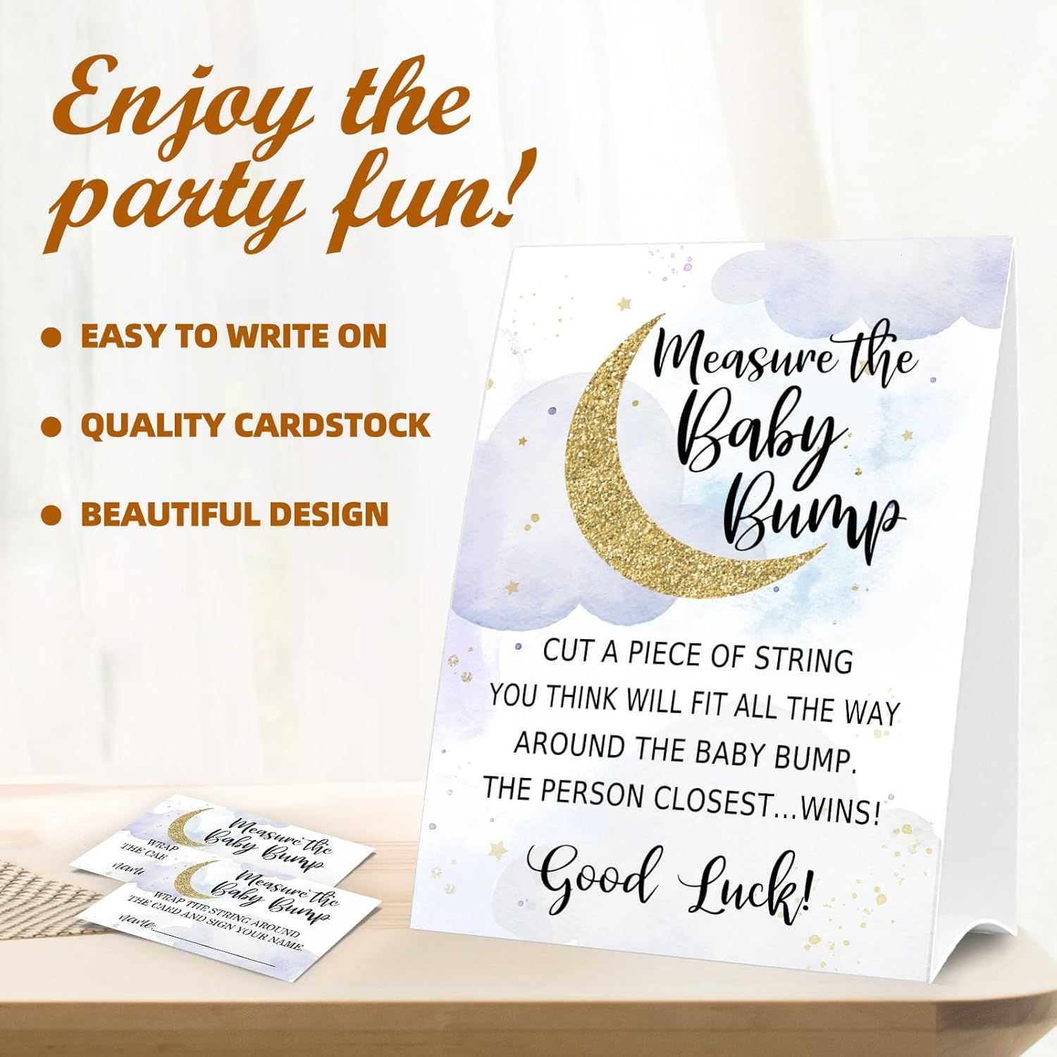 Letrero de Baby Shower Games Measure the Baby Bump, How Big is Mommy’s Belly Party Favors, cartel de pie Kraft de 5 x 7 pulgadas y 50 tarjetas de