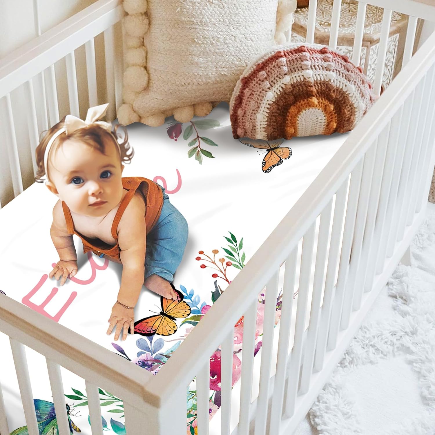 Juego de ropa de cama personalizado para cuna para bebé nombre personalizado, decoración de guardería, manta de bebé de mariposa colorida, sábana