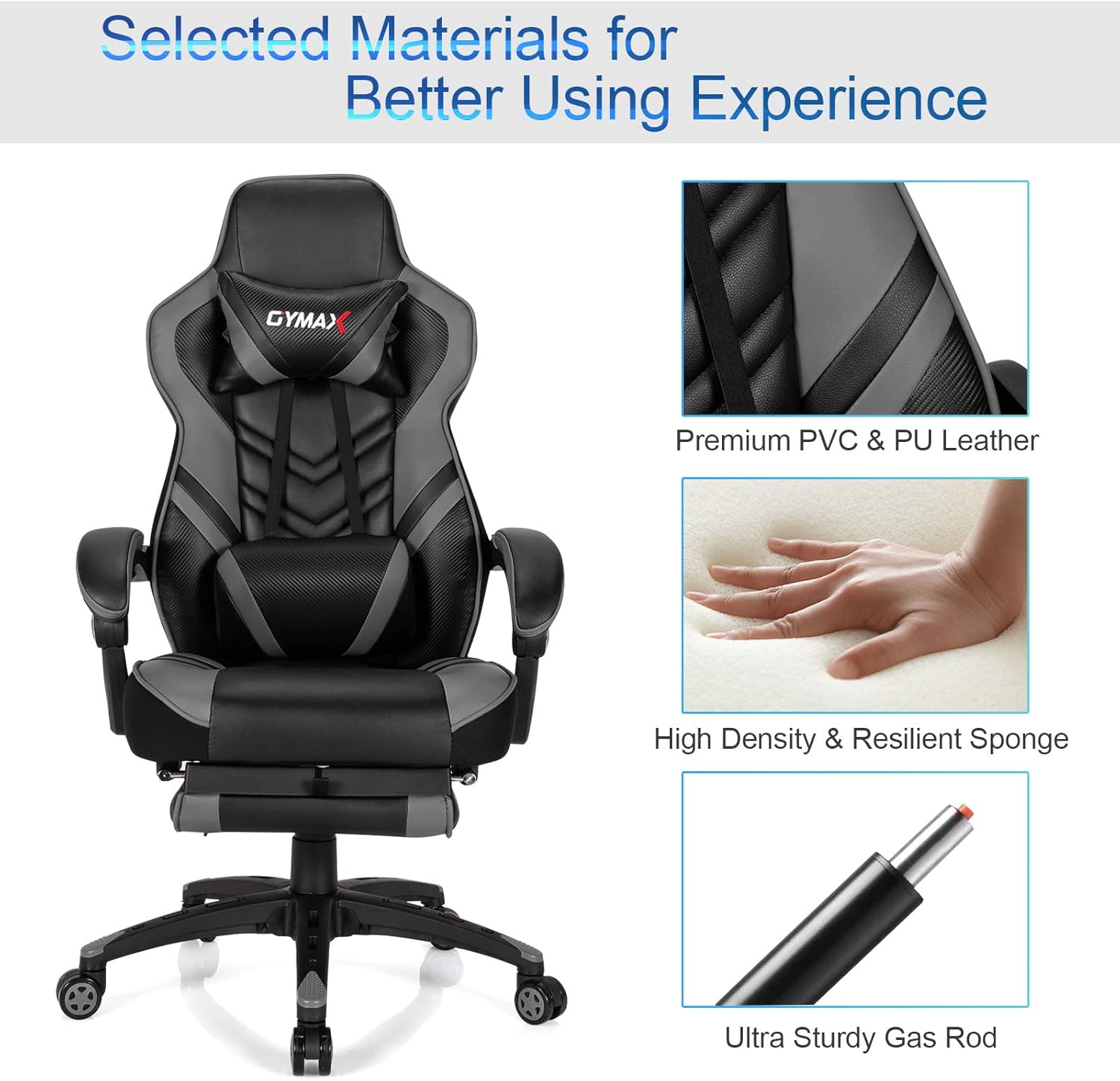 POWERSTONE Silla para videojuegos, silla de videojuegos con reposapiés y soporte lumbar, estilo carreras, silla de computadora de piel sintética,