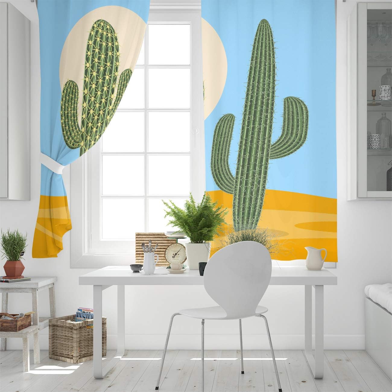 FortuneHouse Blackout Curtains Thermal Insulated Illustration of Desert Cactus Solid Pattern Metal Grommet Elegant Room Drapes Window Curtain for