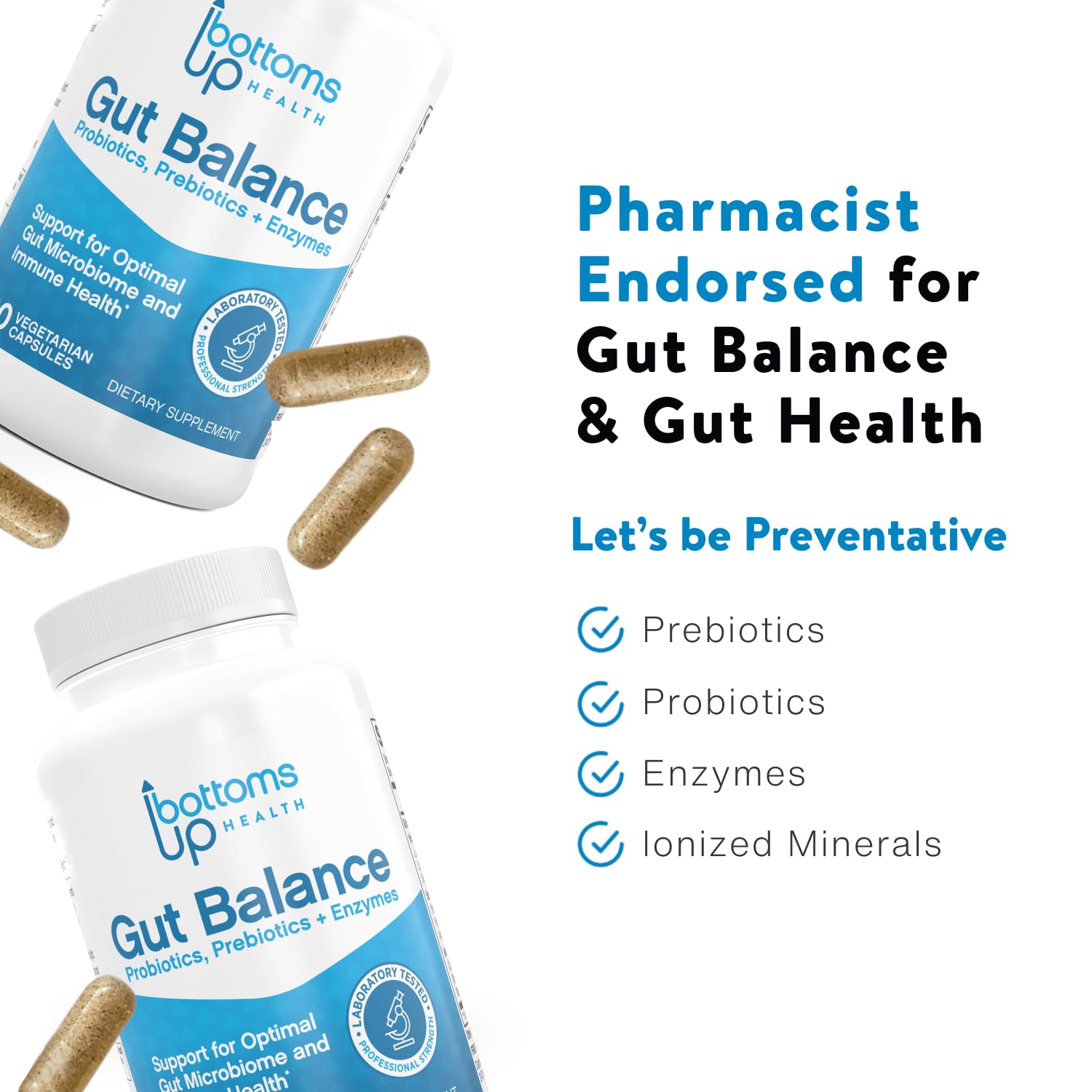 BOTTOMS UP HEALTH Suplemento de equilibrio intestinal mezcla de probióticos y prebióticos con enzimas y minerales – 60 cápsulas vegetales para apoyo
