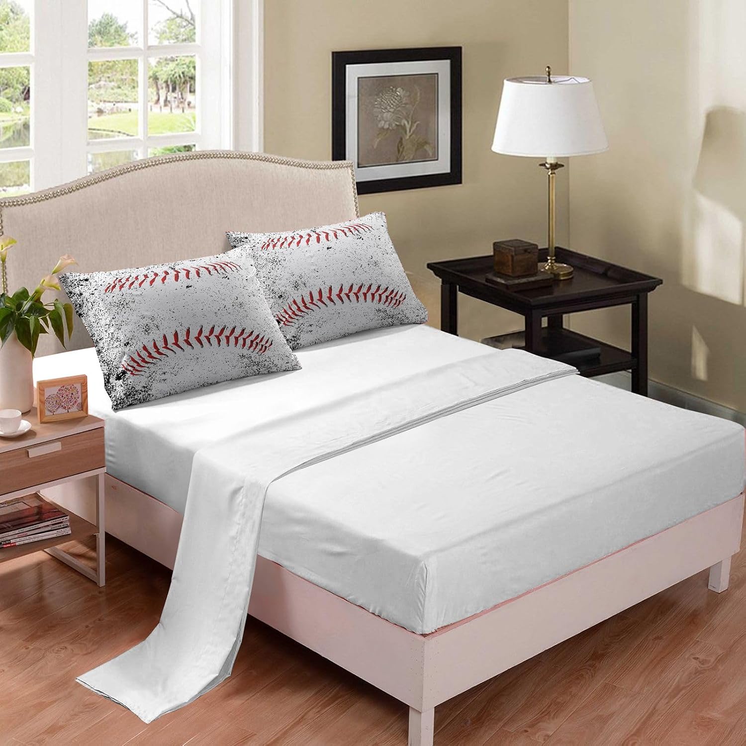 NINENINE Juego de ropa de cama de béisbol de 5 piezas, tamaño individual, juegos de ropa de cama deportiva para niños, juego de edredón blanco