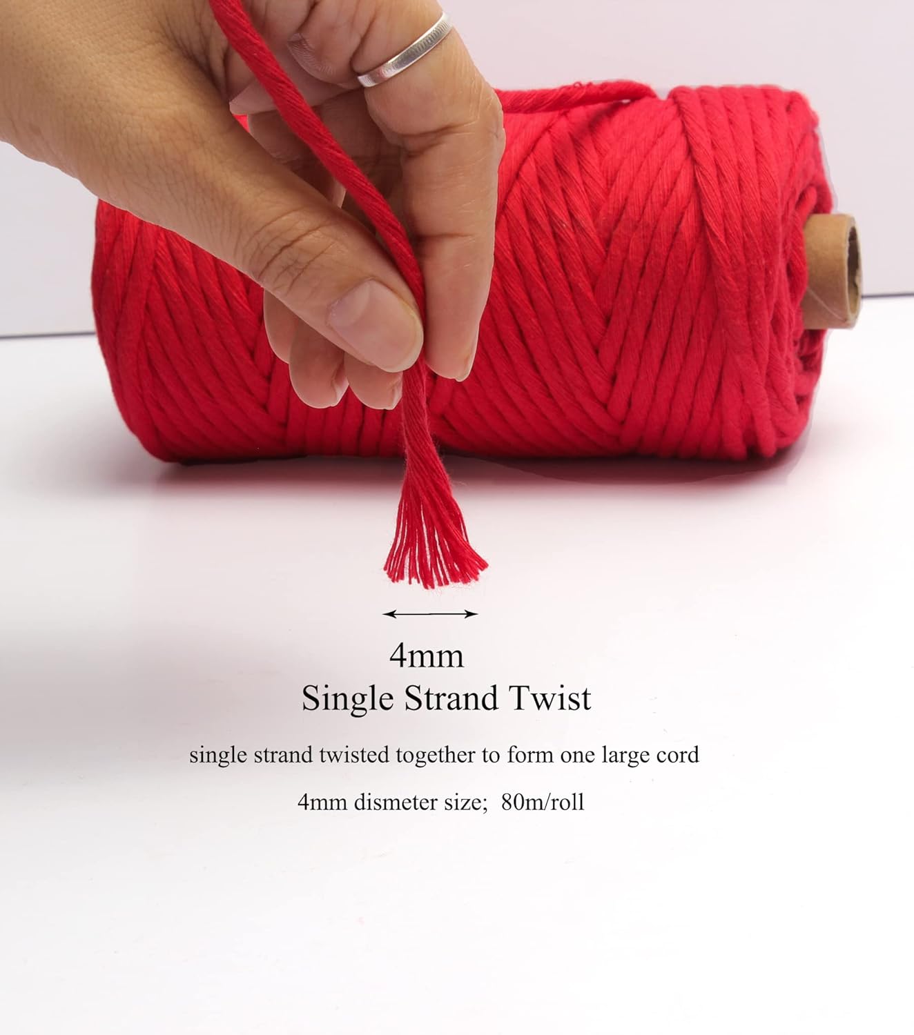 Cuerda de macramé de un solo hilo de 0.157 in, cuerda de algodón colorido para colgar en la pared, ganchos de plantas, para manualidades (rojo)