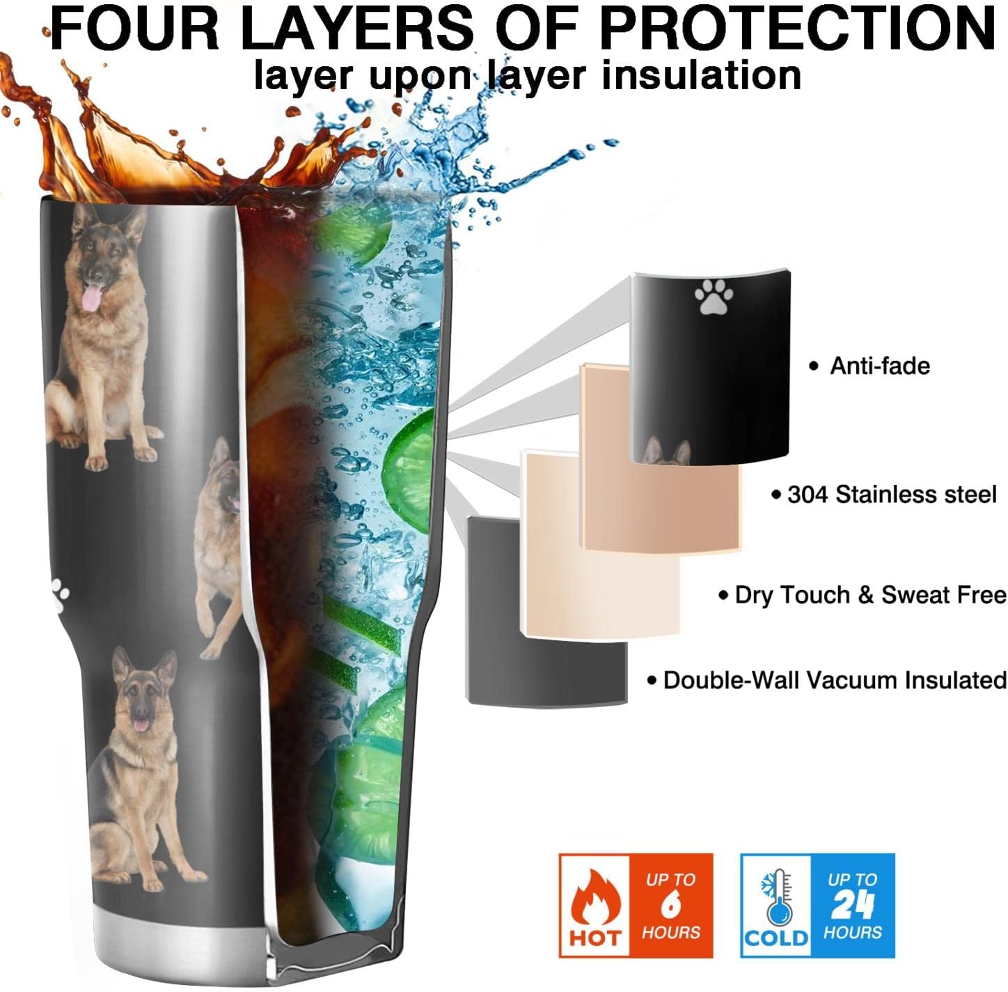 Divertido vaso de perro pastor alemán, regalo para mujereshombres, doble pared de acero inoxidable aislado al vacío, vasos de agua para mascotas con