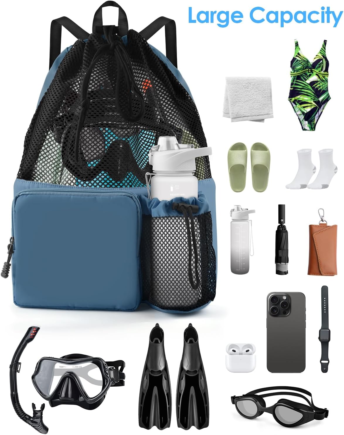 BROTOU Bolsa de natación de malla con cordón, mochila de deportes acuáticos con bolsillo húmedoseco, mochila de playa para natación, surf, viajes