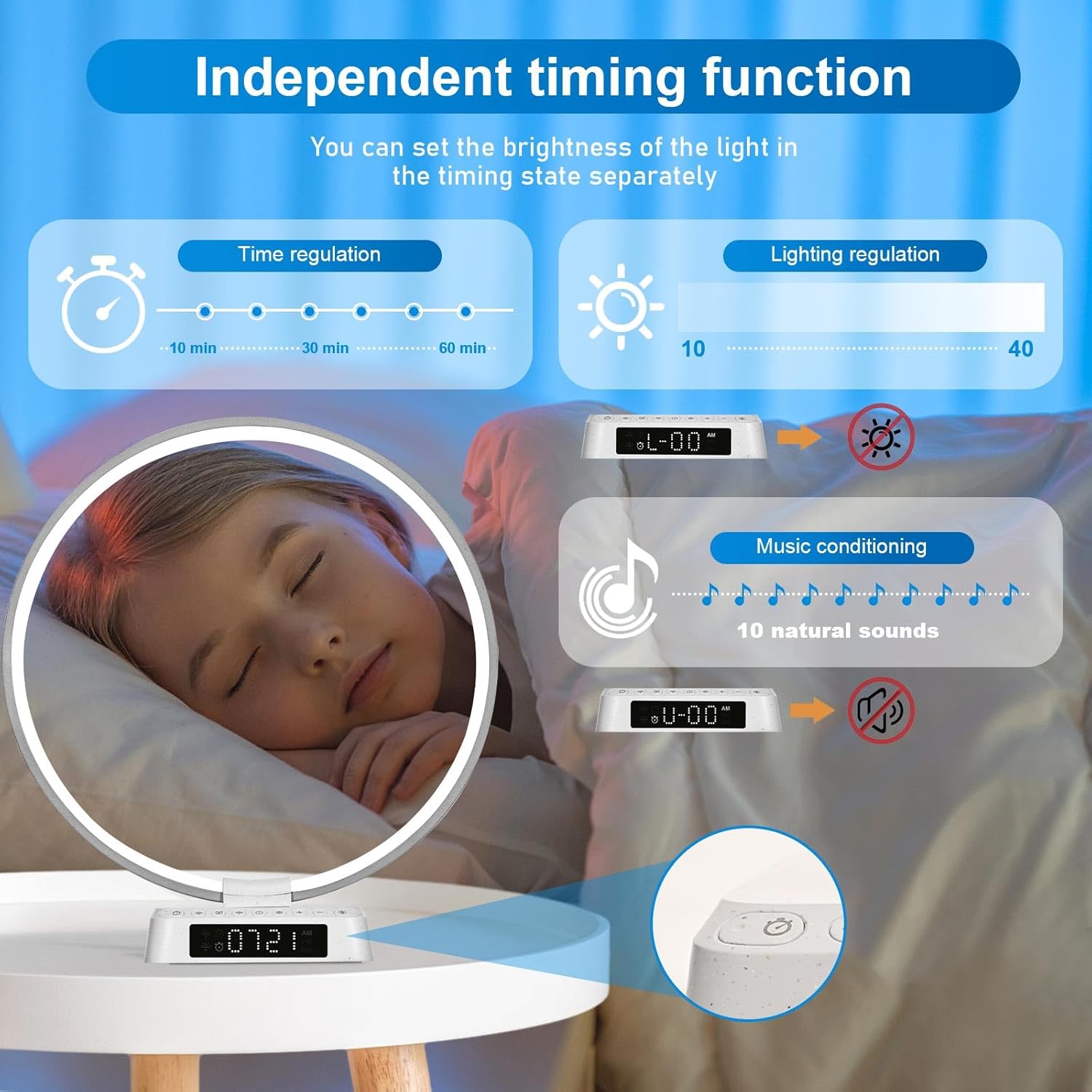 Lámpara de reloj despertador de amanecer, lámpara de mesa de Aureola, lámpara de mesita de noche, ajuste de bioclock, lámpara de escritorio con