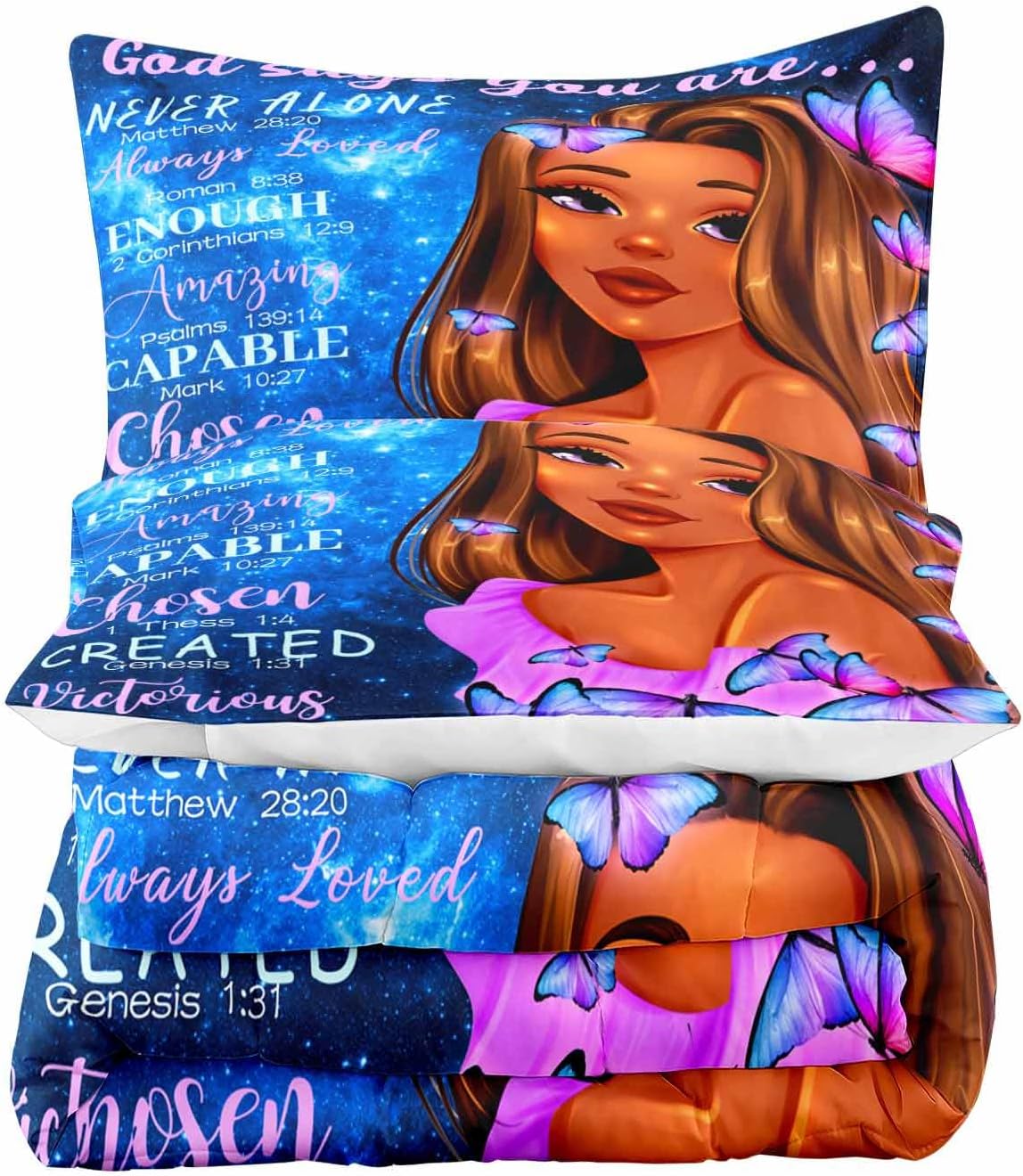 LUVIVIHOME Juego de edredón mágico de 3 piezas, tamaño matrimonial, ropa de cama negra afroamericana, ropa de cama de mariposa azul galaxia púrpura