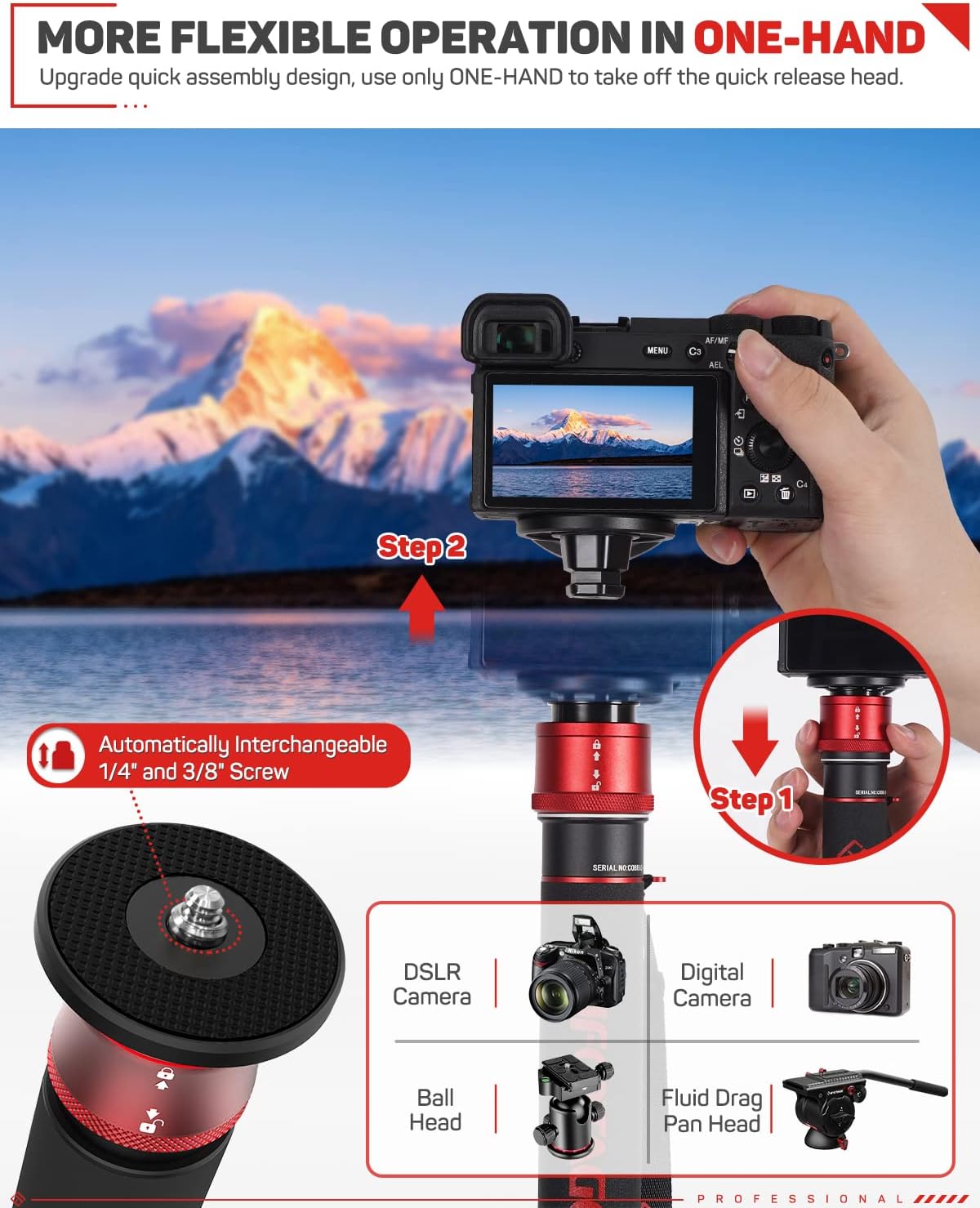 IFOOTAGE Monopod profesional de 71 pulgadas y placa de liberación rápida, monopie de fibra de carbono para cámaras DSLR, cámara de viaje portátil