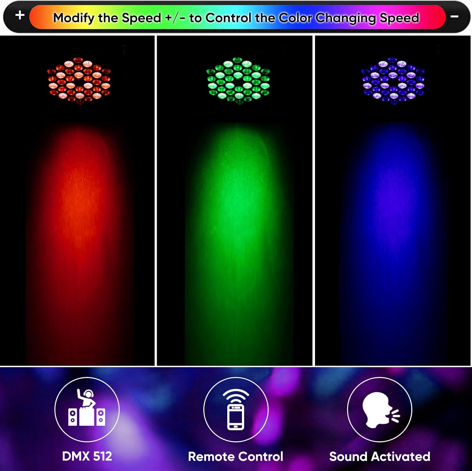 Luces LED para escenario DJ Par, 36 luces RGB para fiesta con control remoto activado por sonido, 7 modos de iluminación estroboscópica para
