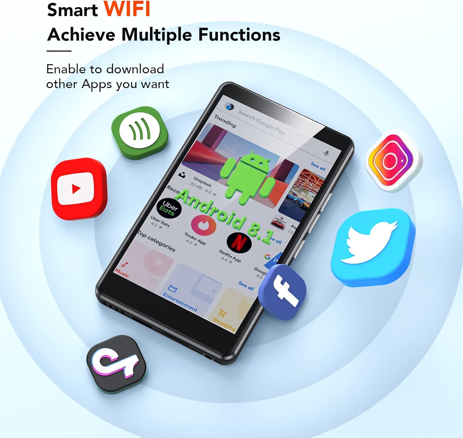 AGPTEK Reproductor MP3 WiFi de 80 GB con Bluetooth y cámara de 5 MP, pantalla táctil de 4 pulgadas, reproductor de música sin pérdidas, aplicaciones