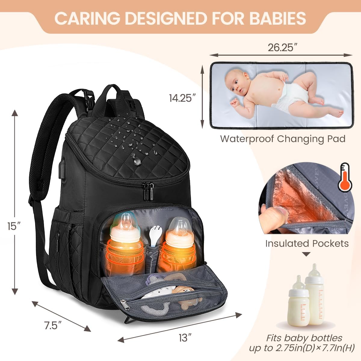 LOVEVOOK Mochila para pañales Bolsa de bebé de gran capacidad con cambiador portátil, mochila de viaje para bebés multifunción