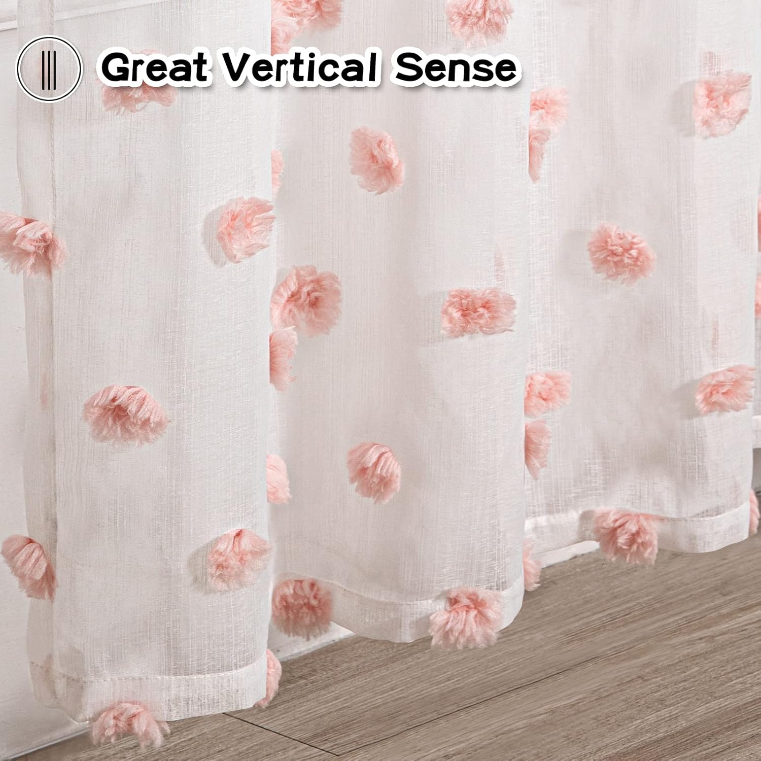 MYSKY HOME Cortinas pequeñas para ventana de baño o cocina, 45 pulgadas de largo, cortinas traslúcidas con pompones rosas y bolsillo para cortinero,