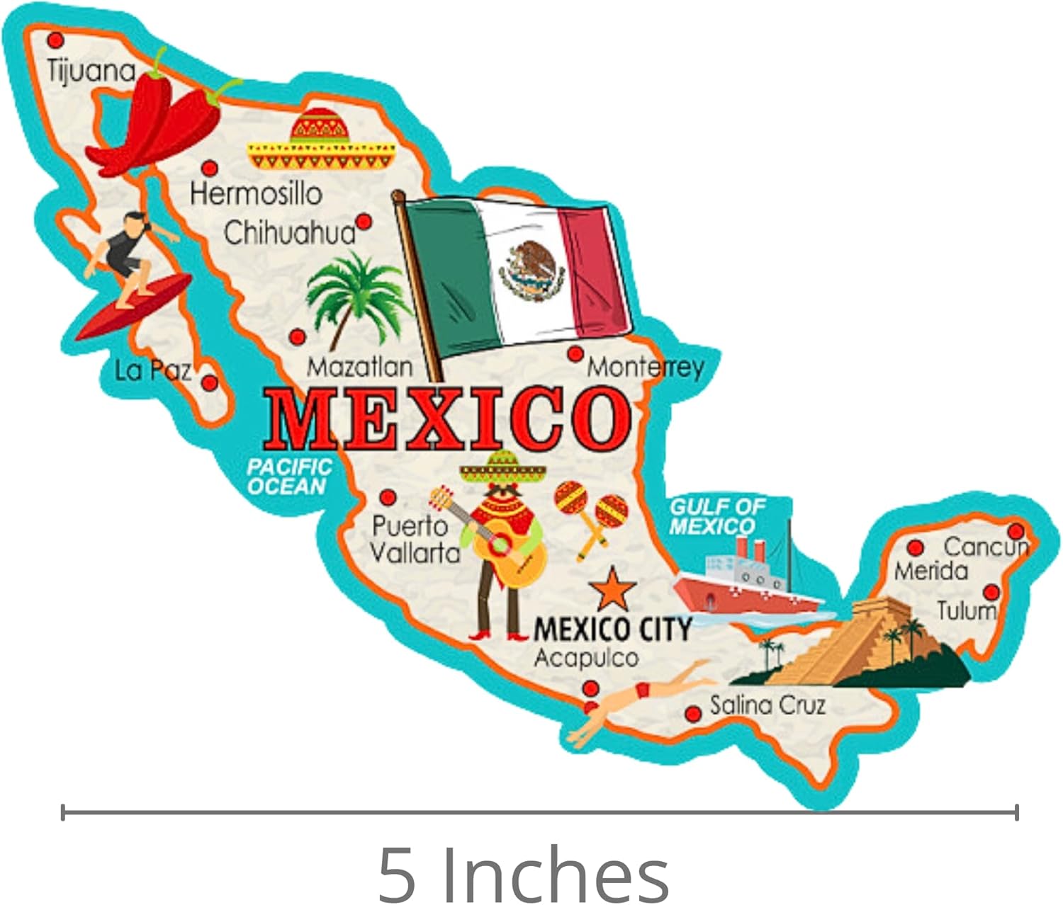 Imán de recuerdo del país de México, calcomanía magnética de mapa coleccionable para coches, refrigeradores y pizarras blancas, 5 pulgadas