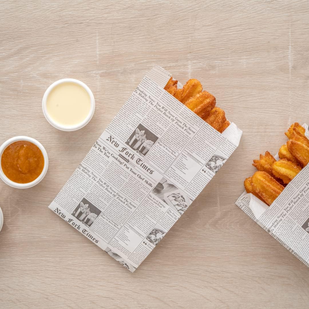Restaurantware Bag Tek Newsprint Paper French FrySnack Bag – 5″ x 3″ x 8 34″ – Caja de 100 unidades