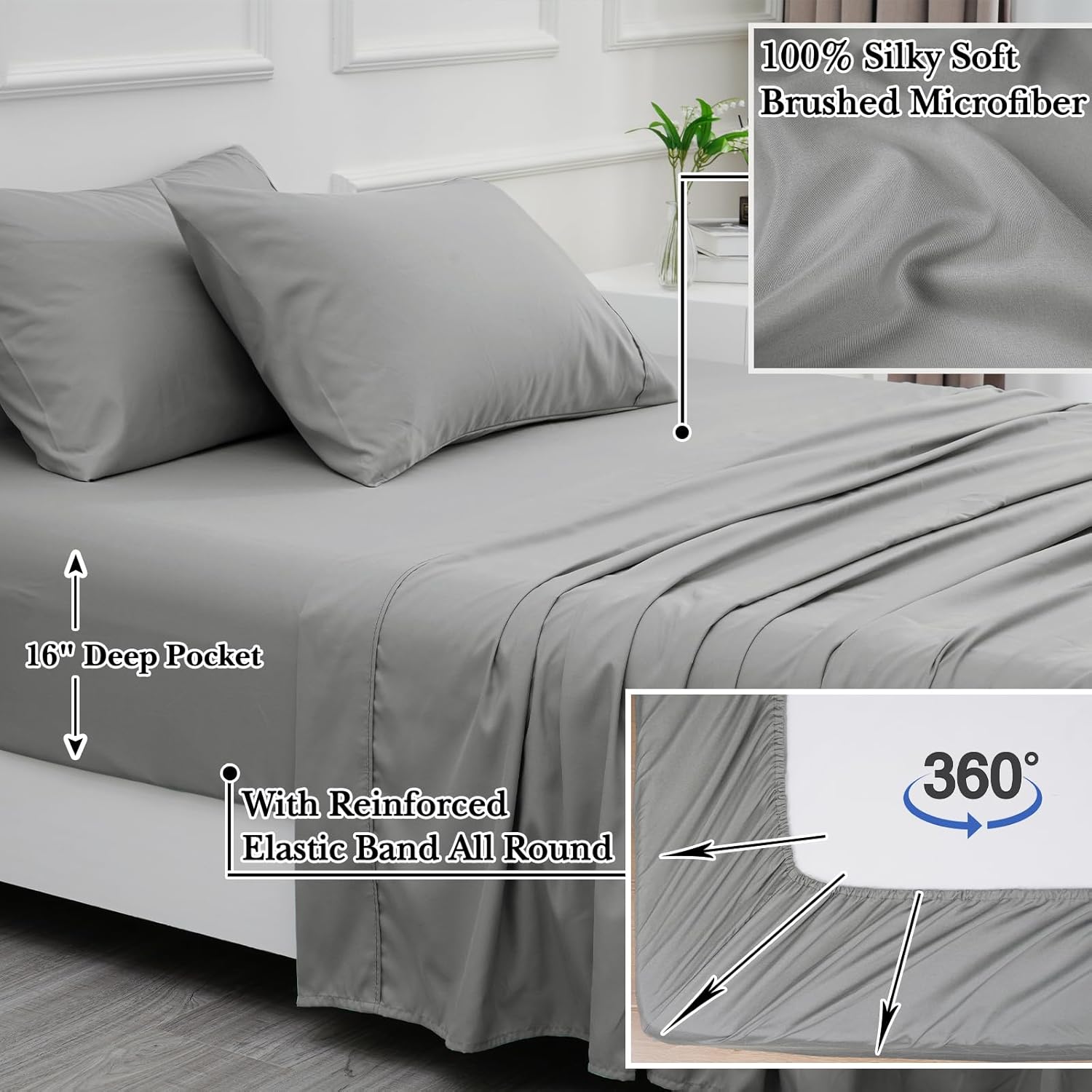 PHF Juego de edredón de 7 piezas de cama en una bolsa, tamaño King, color gris claro y blanco, a rayas, con juego de sábanas, 2 fundas de almohada,