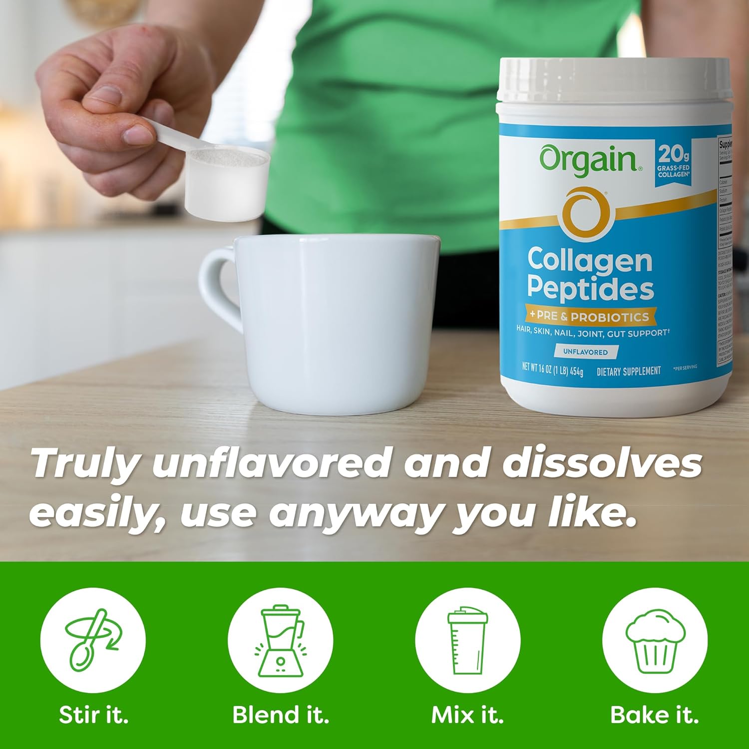 Orgain Hydrolyzed Collagen Peptides + Prebiotic & Probiotics Powder for Women & Men, 20g Grass Fed Collagen, 1 Billion CFU – Supports Digestive,