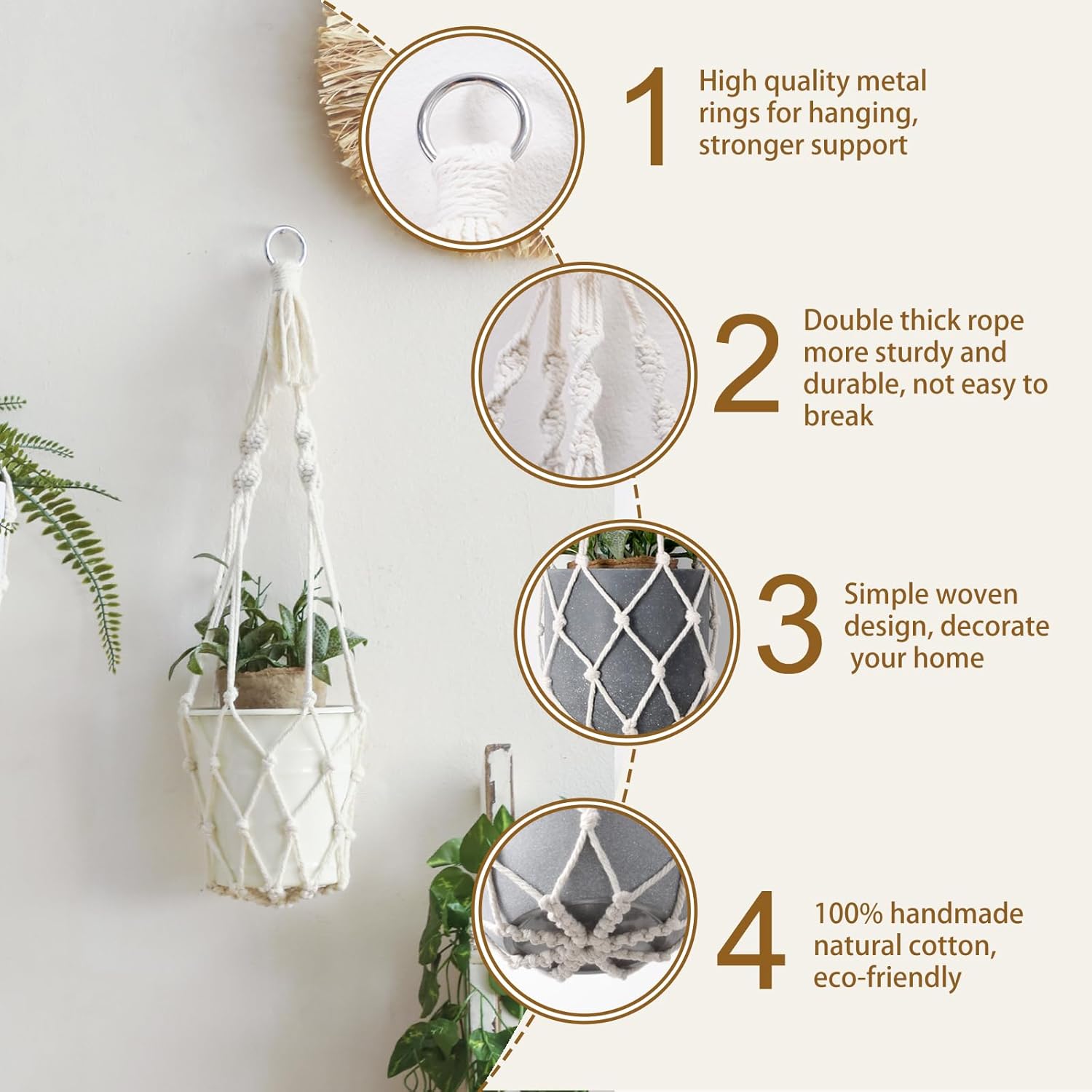 Artilady Colgador de macramé para plantas, maceta colgante grande para plantas de interior, cuerda de algodón blanco, cesta colgante para plantas,