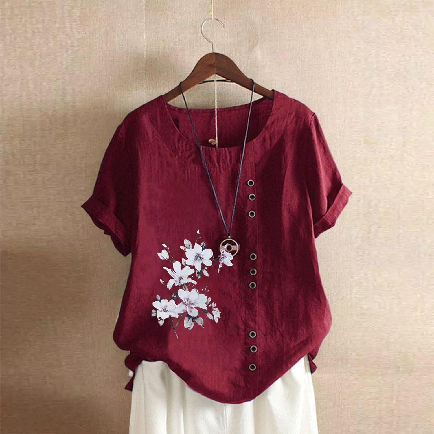 Camisetas para mujer, de lino, ajuste holgado, casual, estampado floral, manga corta, con botones, tops para mujer, trajes de concierto