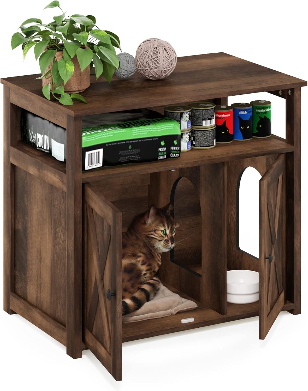 Furinno Peli Farmhouse – Armario de arena para gatos con 2 puertas, color marrón rústico