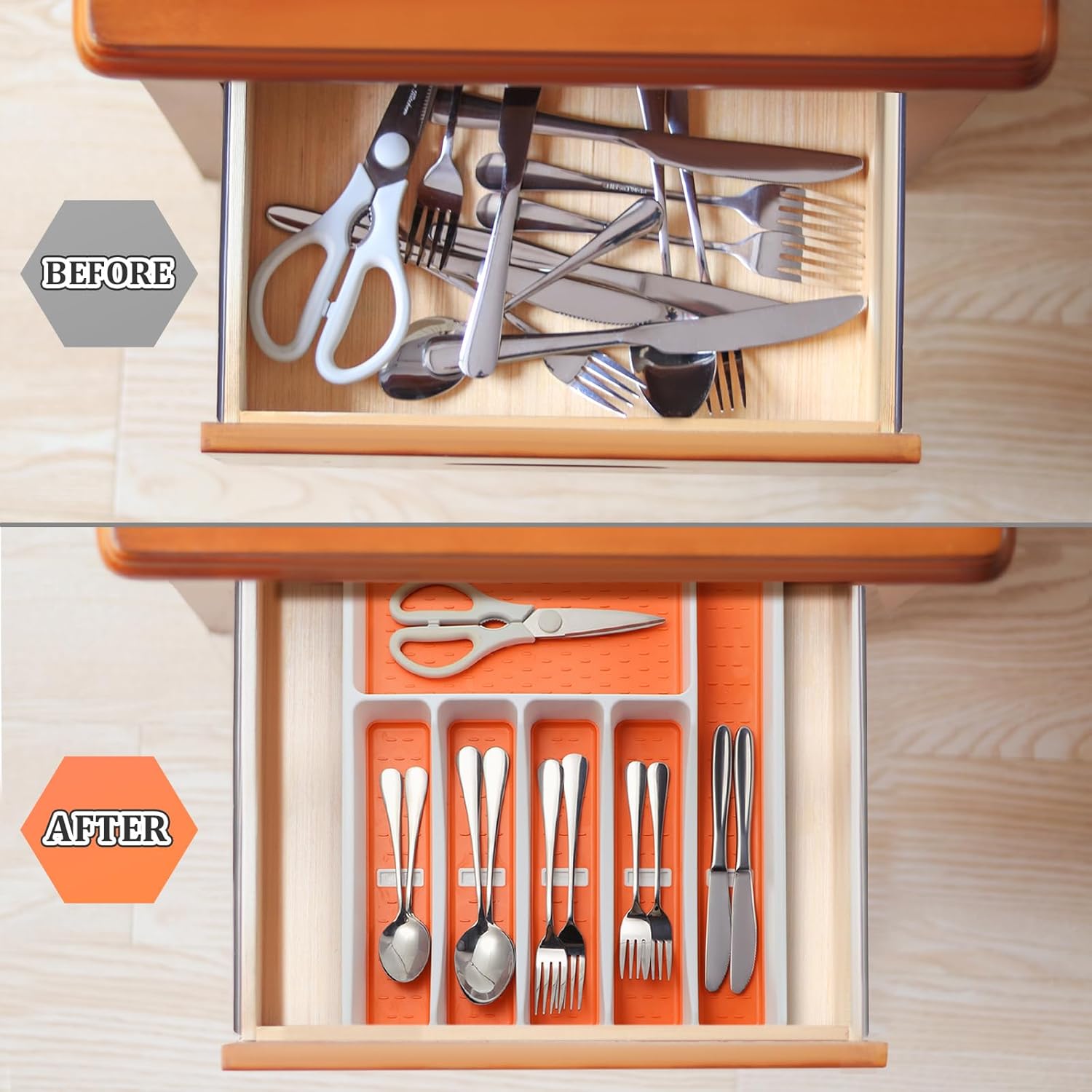 CherHome Organizador de cubiertos con iconos de cubiertos, bandeja de cubiertos para cajón de cocina, cubiertos de plástico, organizador de cajones
