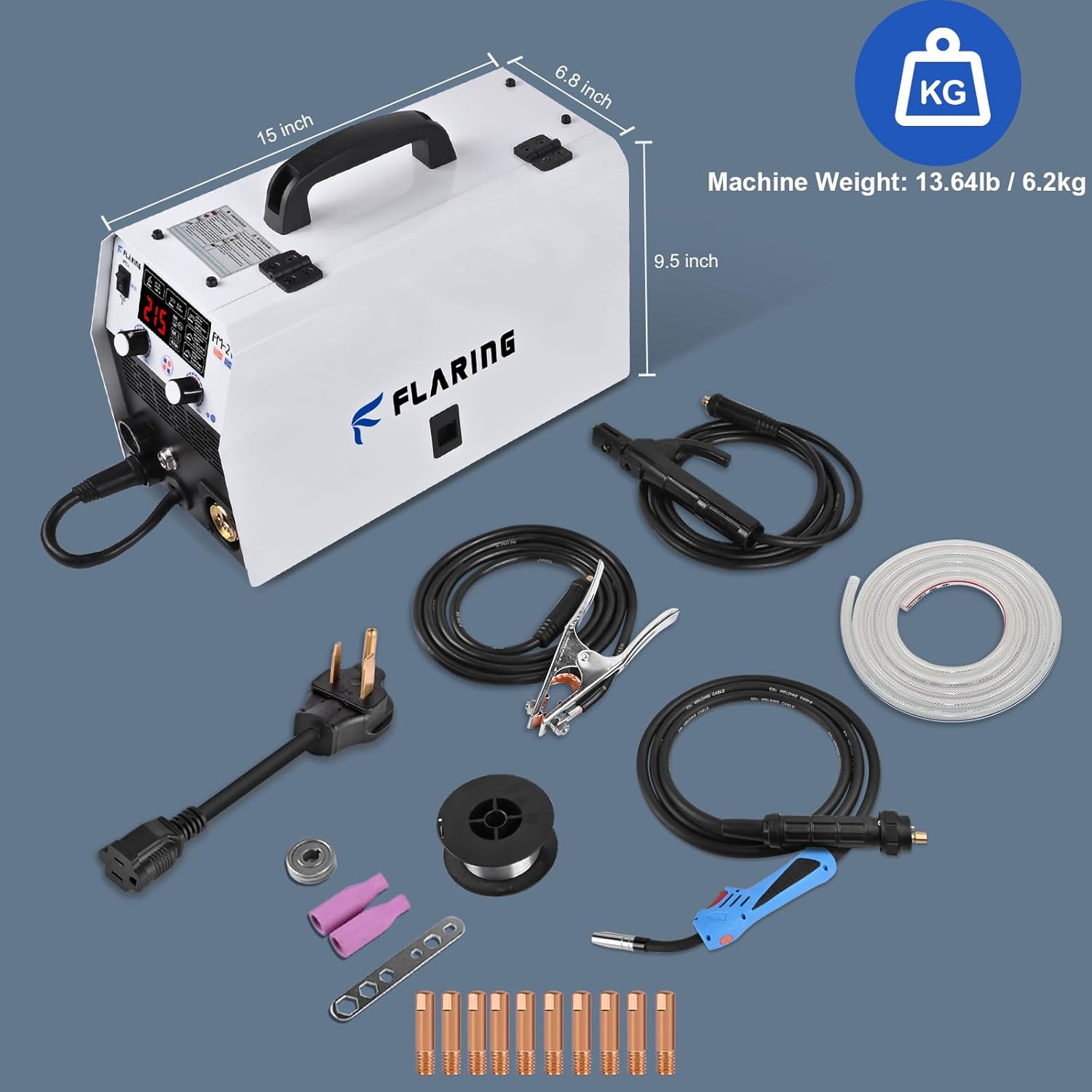 FLARING Soldador MIG, pantalla digital LED de 215 amperios, sinérgica MIG 120 V240 V Voltaje dual, 6 en 1 Gas MIGflujo sin gas núcleo MIGStickLift
