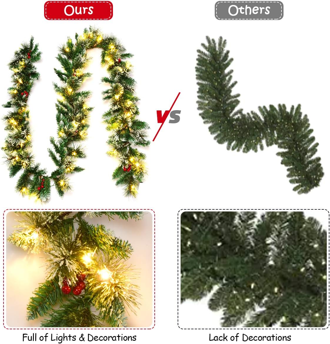 Goplus Guirnalda de Navidad preiluminada de 9 pies, ratán de pino artificial de Navidad con temporizador, 50 luces LED y bayas rojas, ideal para