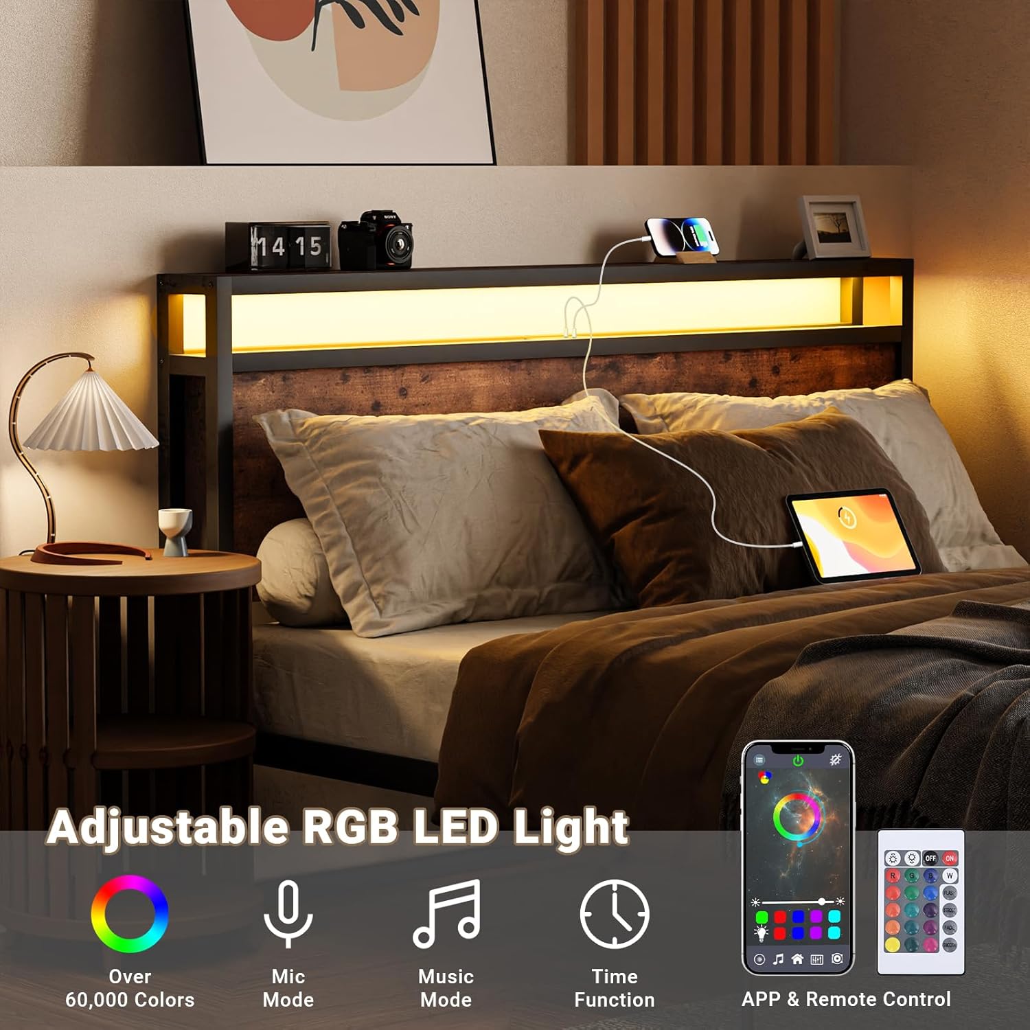 Zevemomo Base de cama LED Queen con 2 cajones, marco de cama de plataforma Queen con luces LED y estación de carga, 3 puertos USB y 1 puerto tipo C,