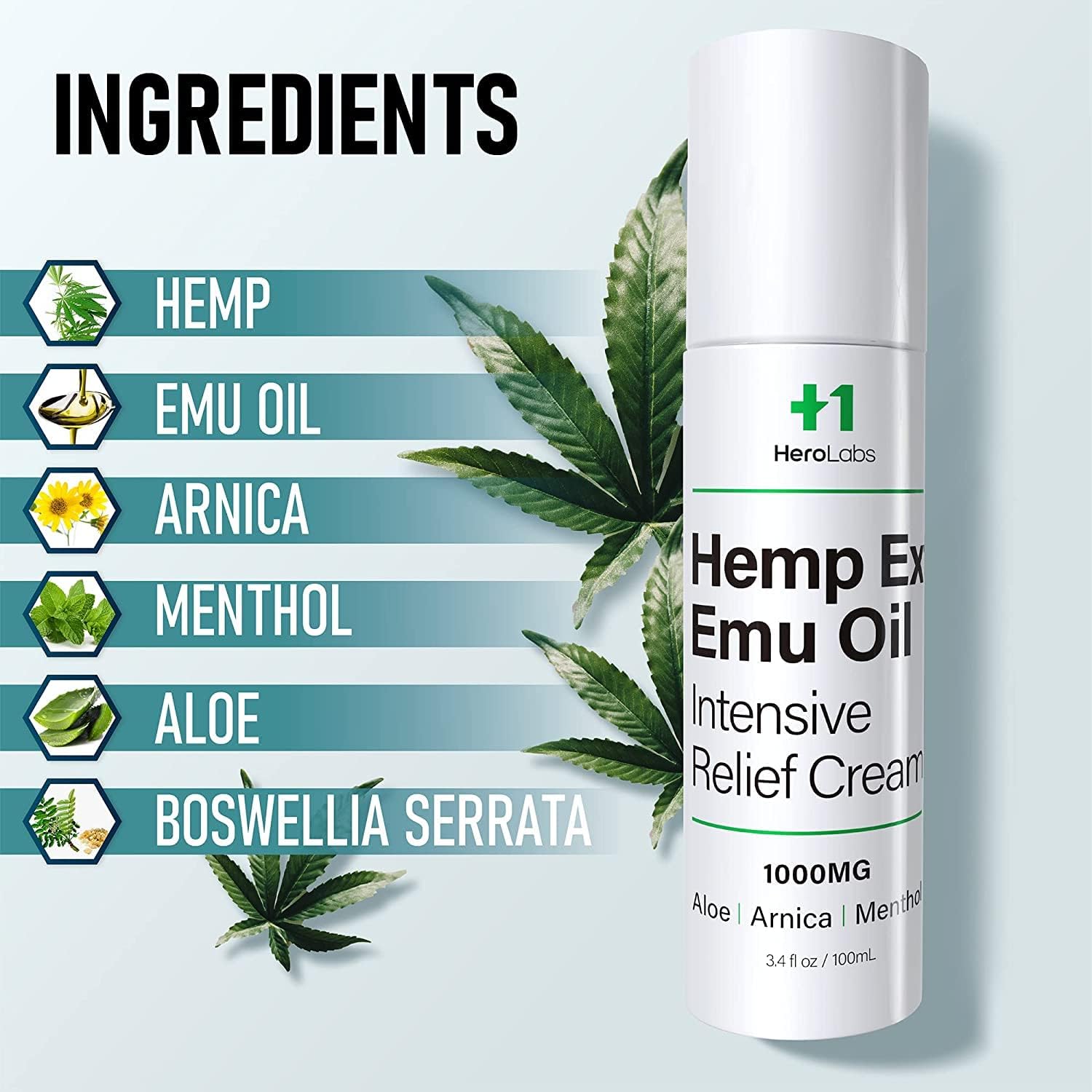+1HEROLABS Crema corporal reparadora de extracto de cáñamo, crema tópica de extracto de cáñamo, máxima fuerza para aliviar los músculos, las