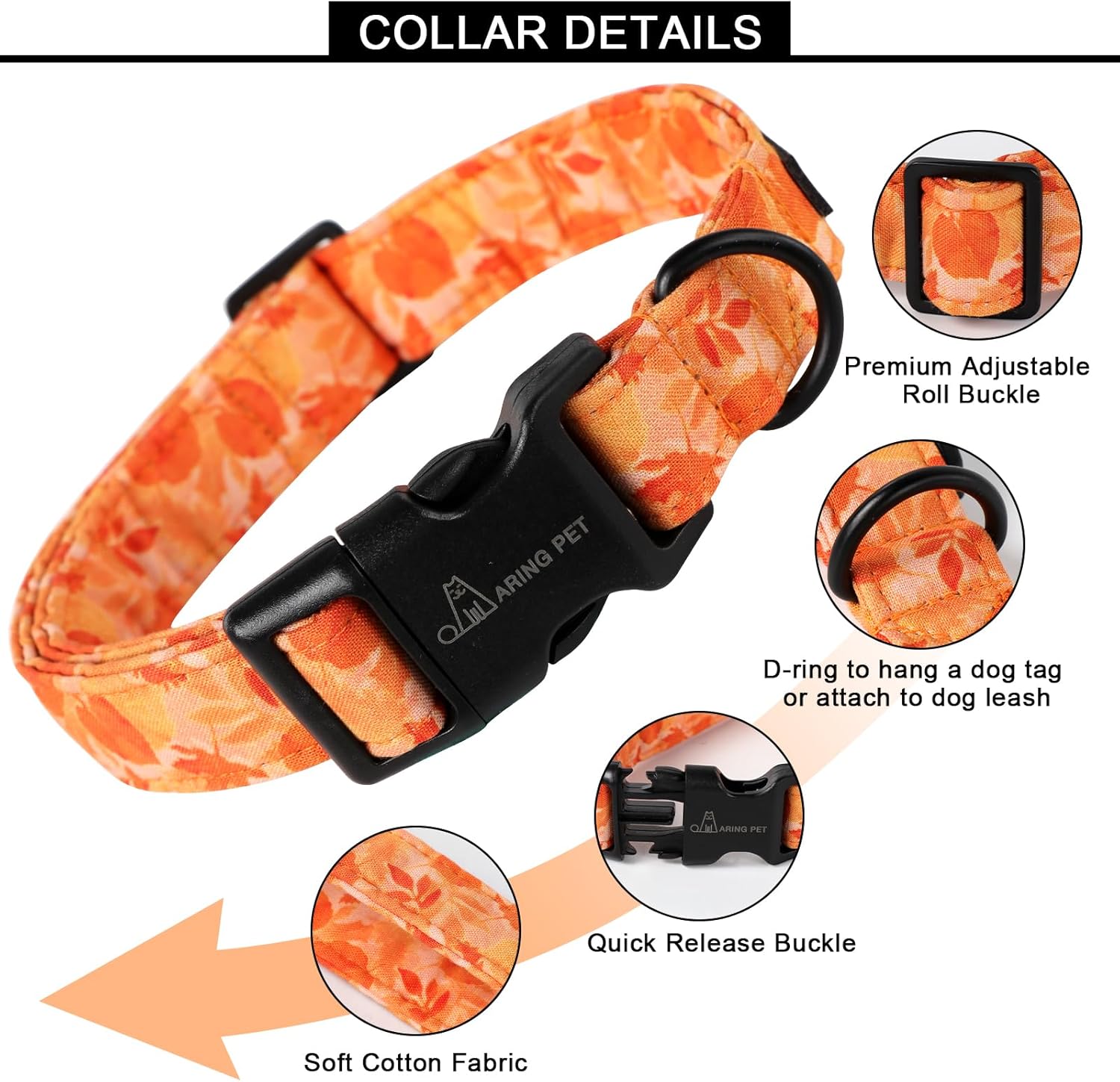 Aring Pet Collar de algodón, ligero y ajustable, con hebilla de liberación rápida para perros pequeños, medianos y grandes, otoño, naranja, hojas