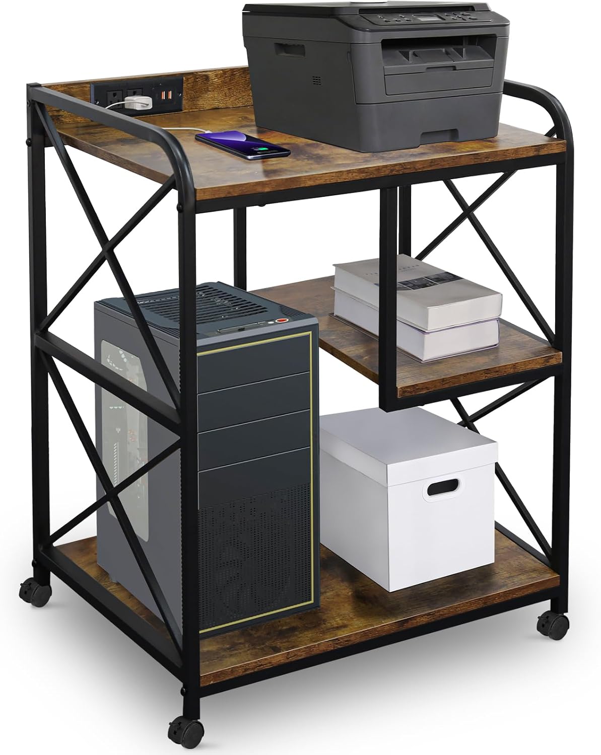 Soporte para impresora, mesa de impresora con estante de almacenamiento para oficina en casa, soporte de impresora grande de 23 x 18 pulgadas con