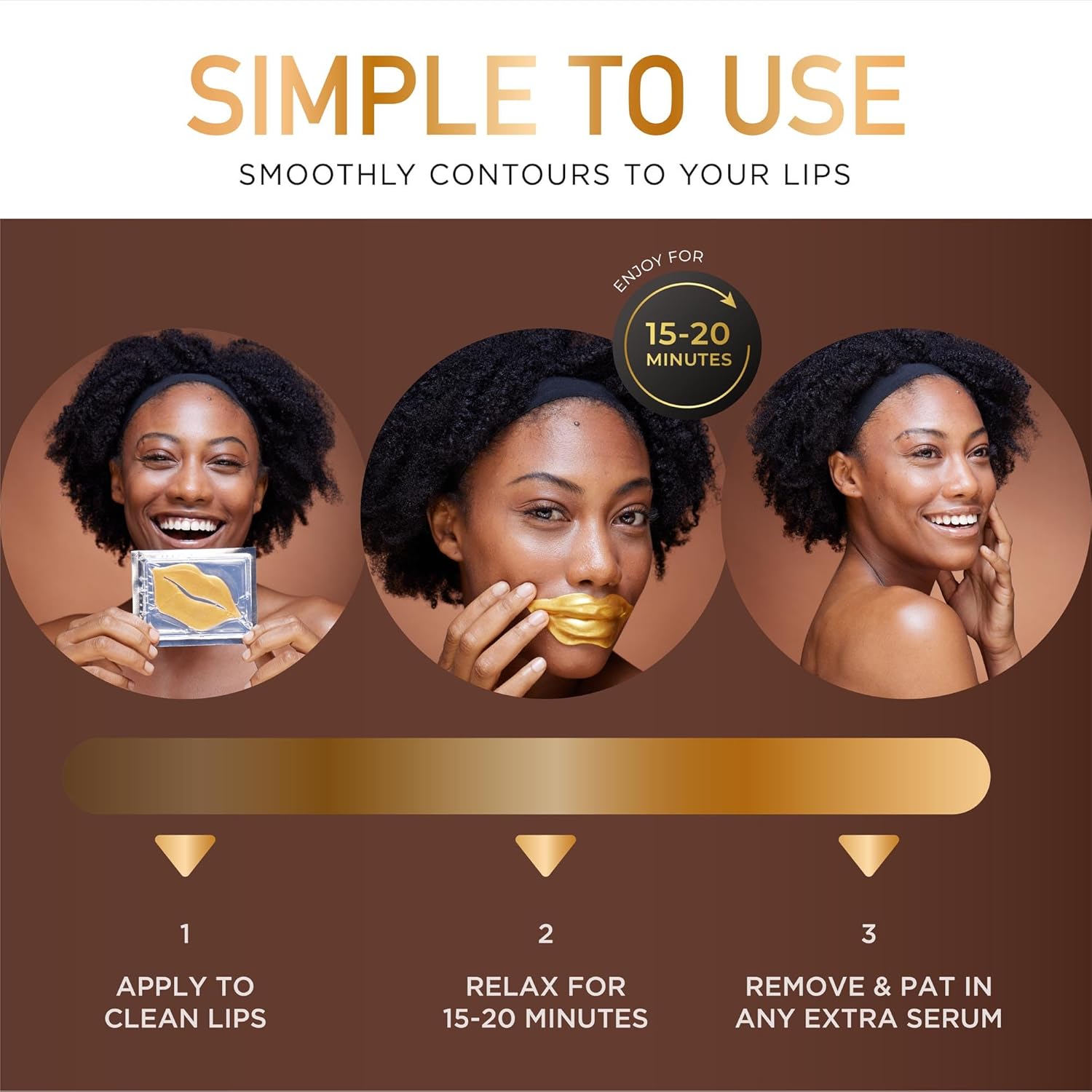 DERMORA Máscara de tratamiento de la piel, máscara de labios Golden Glow  Paquete de 20 máscaras de gel para labios  Máscaras de labios