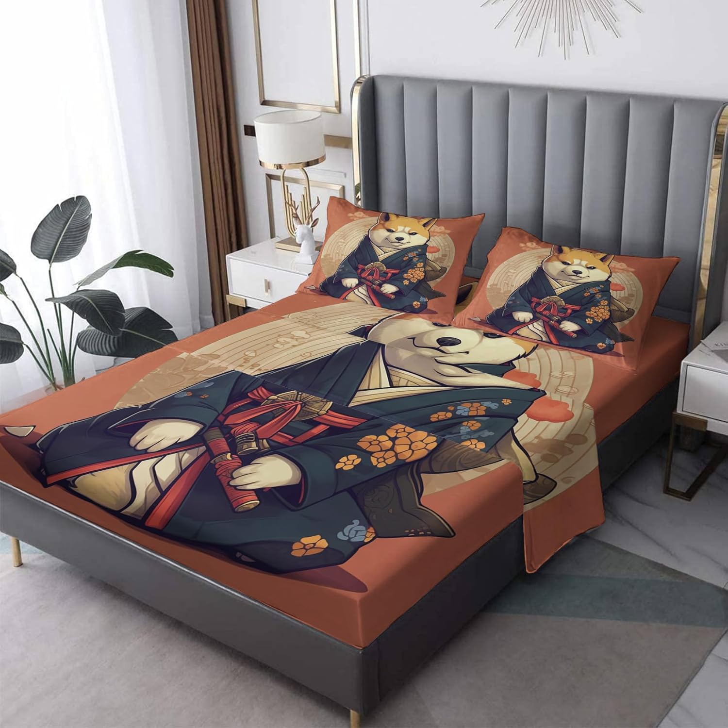 Shiba Inu – Juego de sábanas japonesas, sábanas y fundas de almohada estampadas, 4 piezas, sábana bajera ajustable de microfibra suave con bolsillo