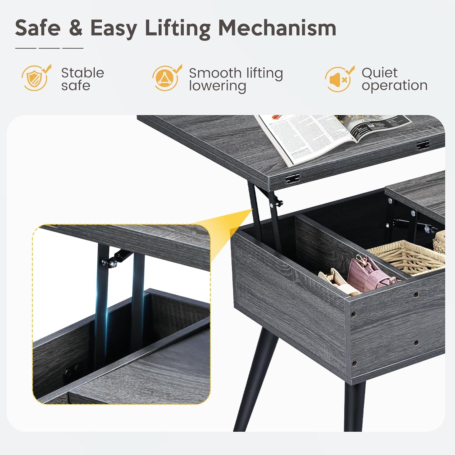 Mesa de centro elevable de 41.7 pulgadas, mesa de elevación multifunción 3 en 1 con almacenamiento, mesa de centro se convierte en mesa de comedor
