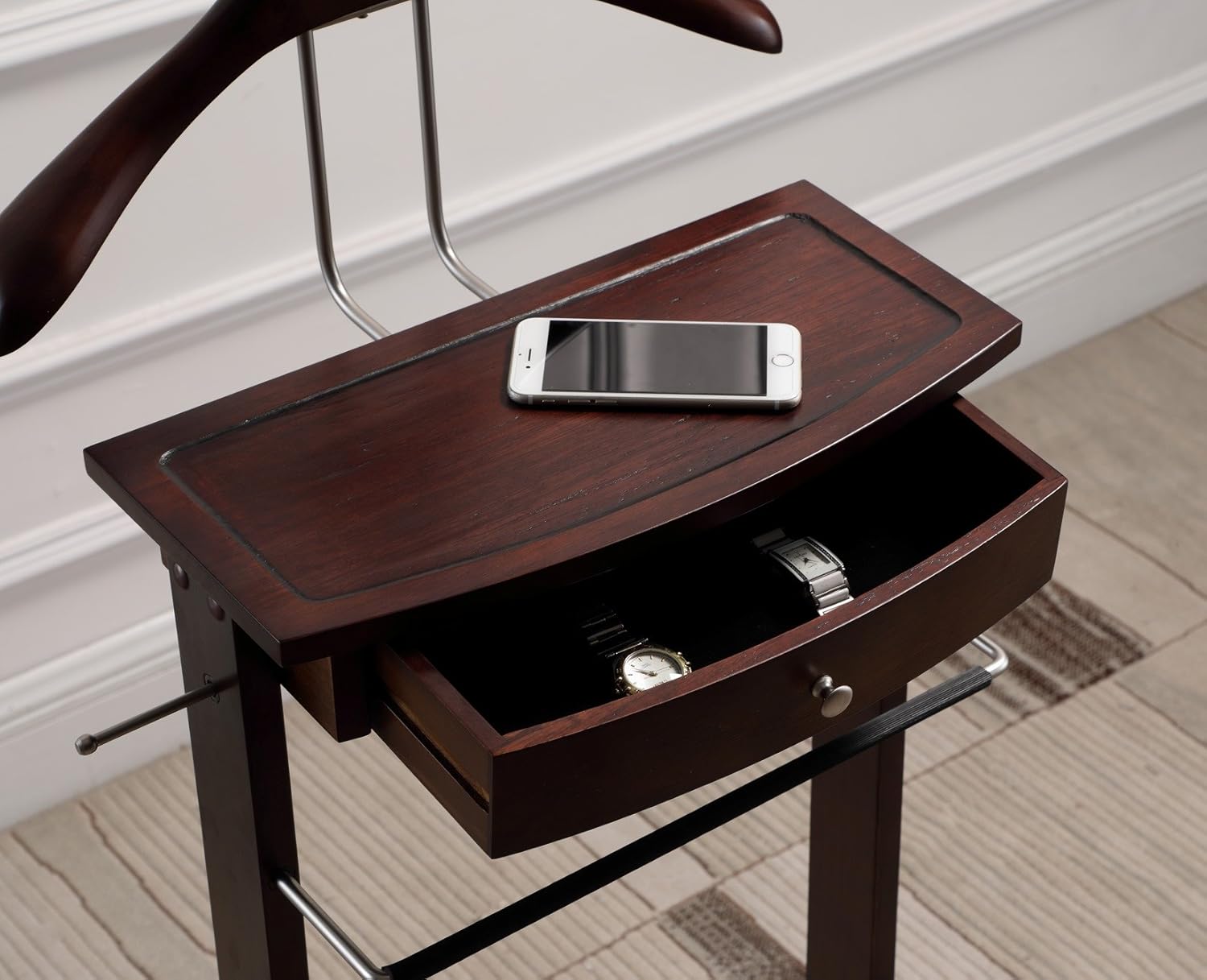 Proman Products Kingston III VL16260 – Soporte de valet con cajón, colgador de contorno, barra para pantalones, ganchos para cinturón y corbata y
