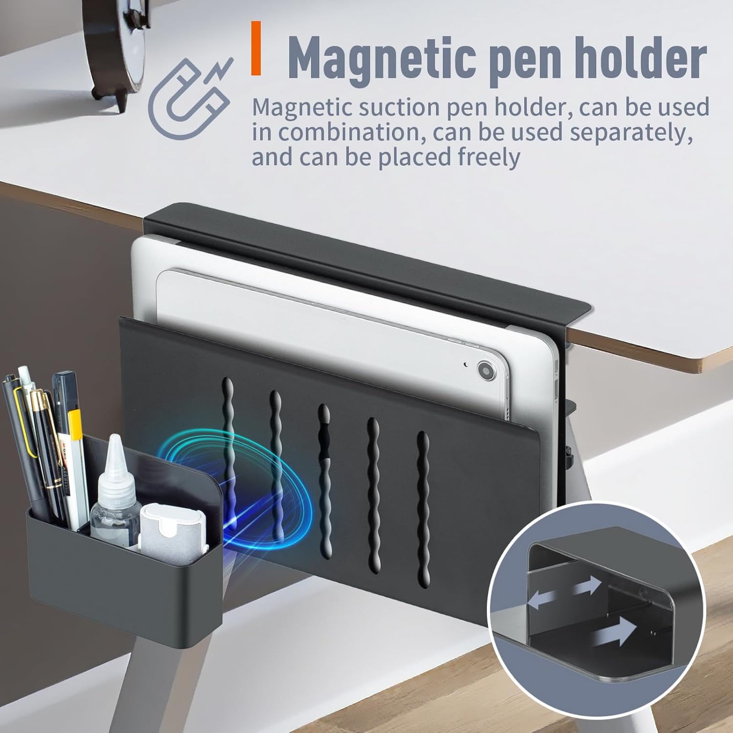 FEIKU Soporte de almacenamiento lateral para escritorio, soporte para laptop con soporte magnético para bolígrafos, bandeja de gestión de cables
