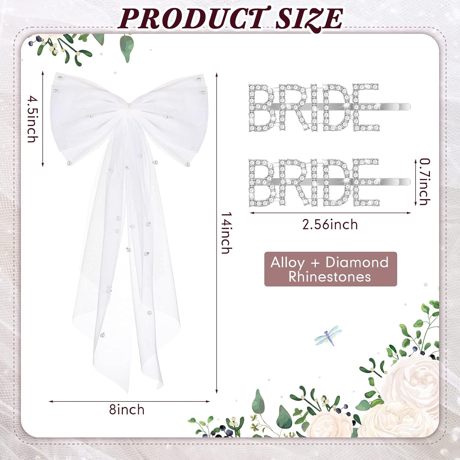 3 piezas de decoraciones de despedida de soltera, lazo blanco perla nupcial para el cabello, pinzas para el cabello plateadas, clips de letras para