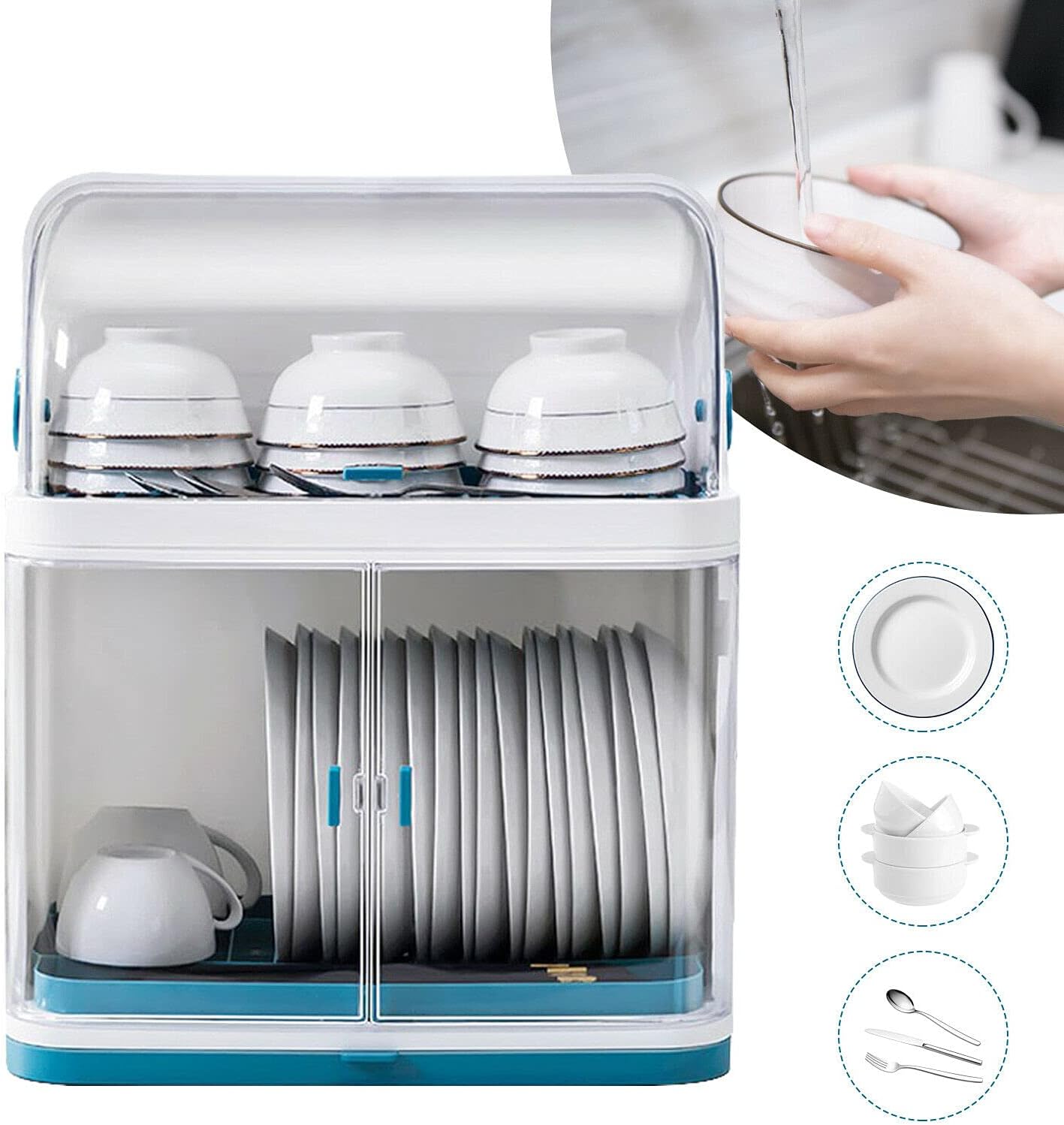 Escurridor de platos de cocina, caja de almacenamiento de plástico a prueba de polvo de 2 niveles, cesta para cubiertos, organizador de utensilios