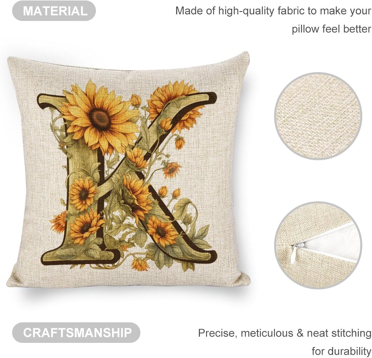 Fundas de almohada con monograma de girasol de verano con letra K, diseño floral con inicial de 18 x 18 pulgadas, para niñas, niños, hogar, granja,