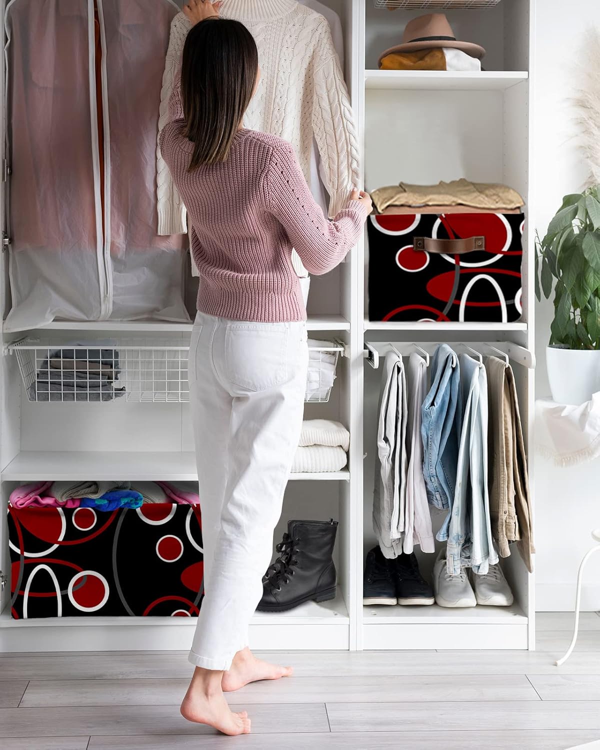 Red Black Geometric Storage Basket for Organizing Shelves, Collapsible Storage Bins Boxes with Handle, Modern Round Geometric Abstract Art Canvas