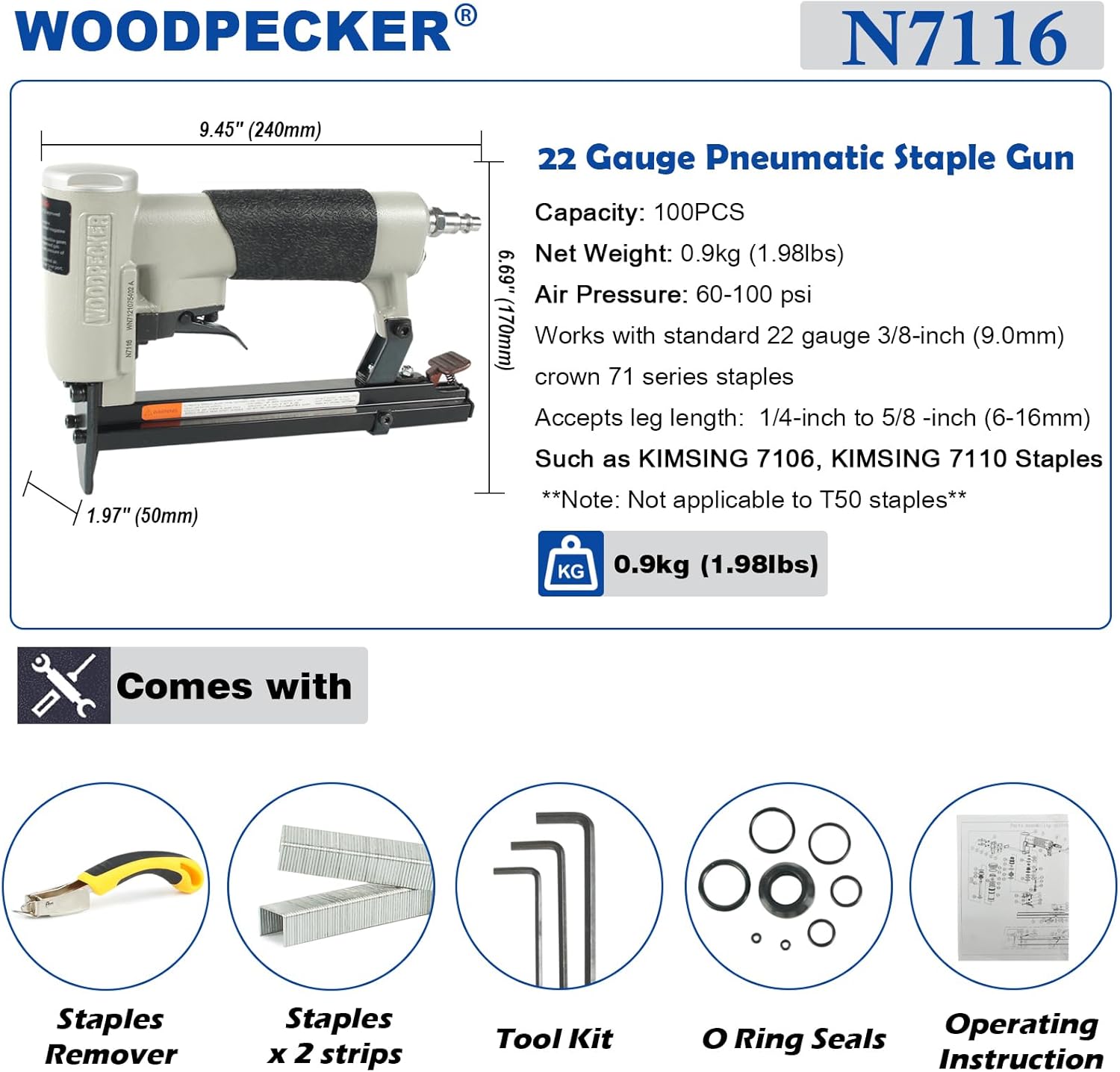 WOODPECKER N7116 – Pistola de grapas de tapicería de calibre 22, 38 pulgadas, grapadora neumática para tapicería, serie 71, pistola de grapadora de