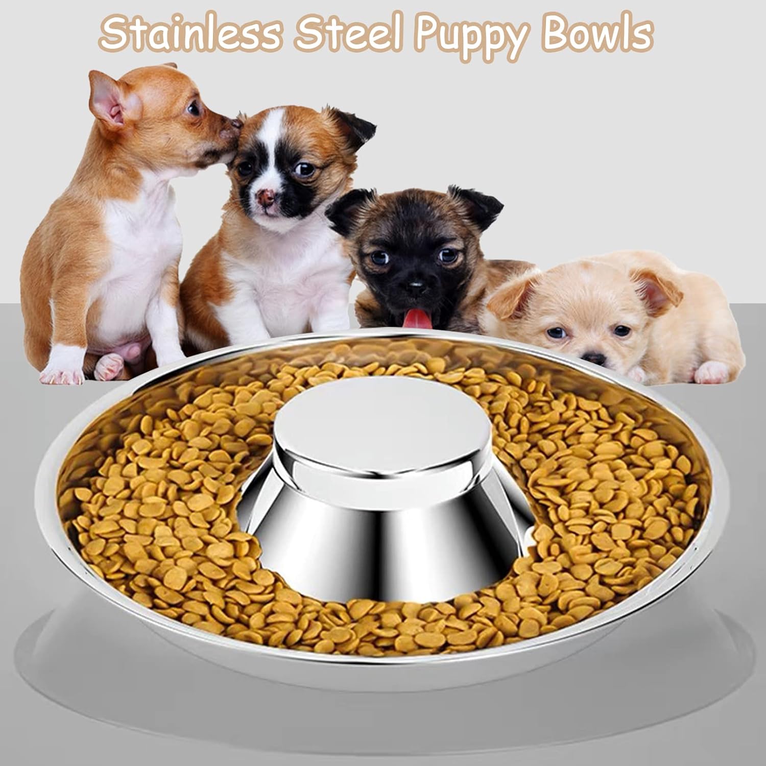 Fhiny Paquete de 2 cuencos de acero inoxidable para cachorros, plato de alimentación para destete de mascotas con cuchara para camadas, mascotas,