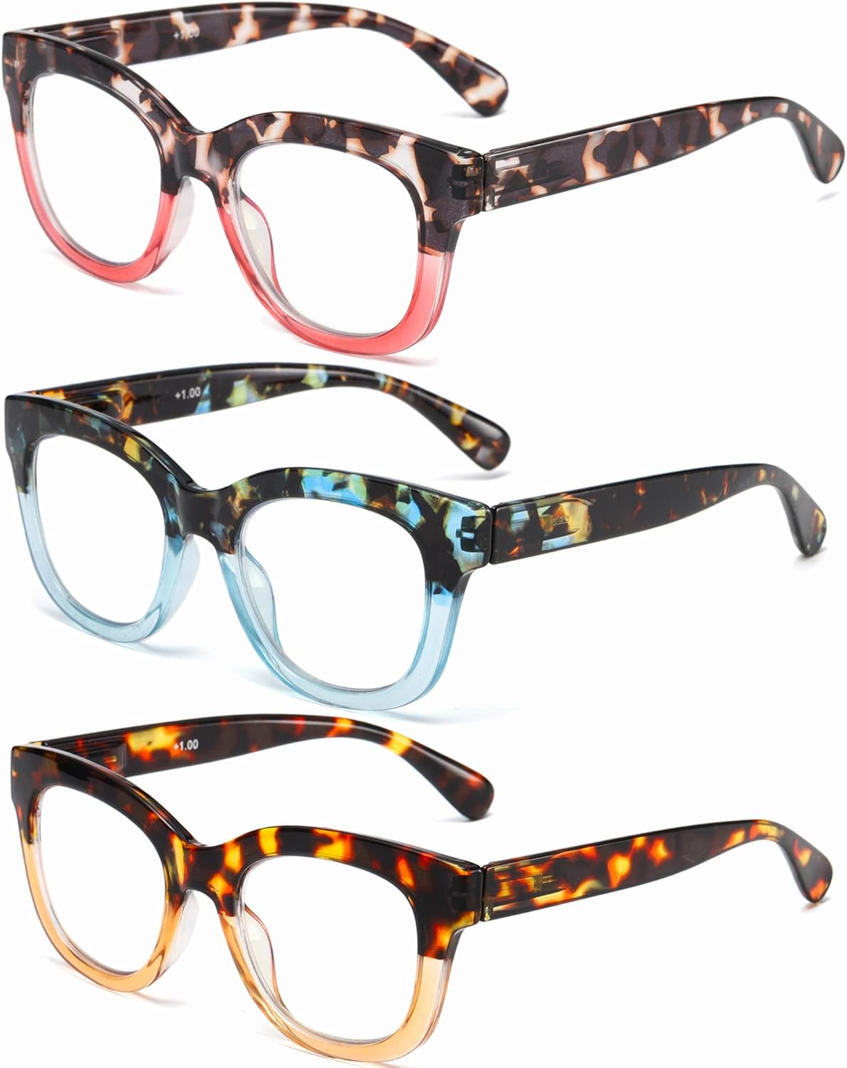 ZXYOO Gafas de lectura de gran tamaño para mujer, paquete de 3 unidades con bloqueo de luz azul, lectores de bisagra de resorte para computadora