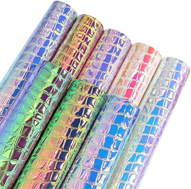 JINR – Hojas holográficas de piel sintética en relieve, rollo de tela sintética iridiscente de 12 x 53 pulgadas para aretes, lazos, bolsos, costura,