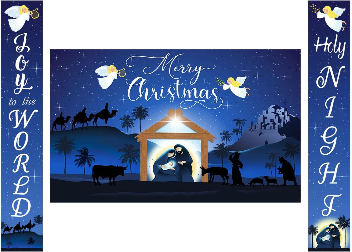 Avezano Decoraciones de Navidad azules para colgar pancartas religiosas de Feliz Navidad y letreros de porche para Navidad, para interiores y