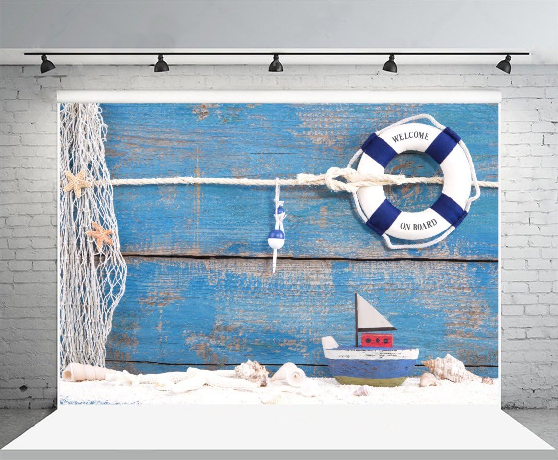 Yeele Tablero de férula de madera azul de 7 x 5 pies, fondos para fotos de marinero, ancla náutica, redes de pesca de mar, concha, fondo de